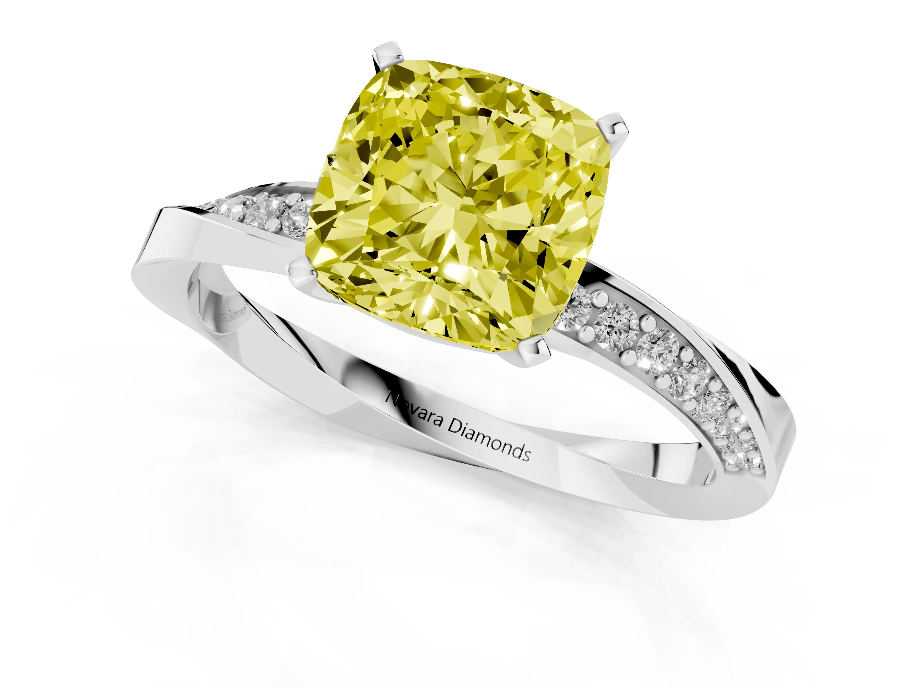 Fancy Yellow Cushion Cut Diamond Engagement Ring Set in Platinum with Side Stone Accents and Prong Setting – second view