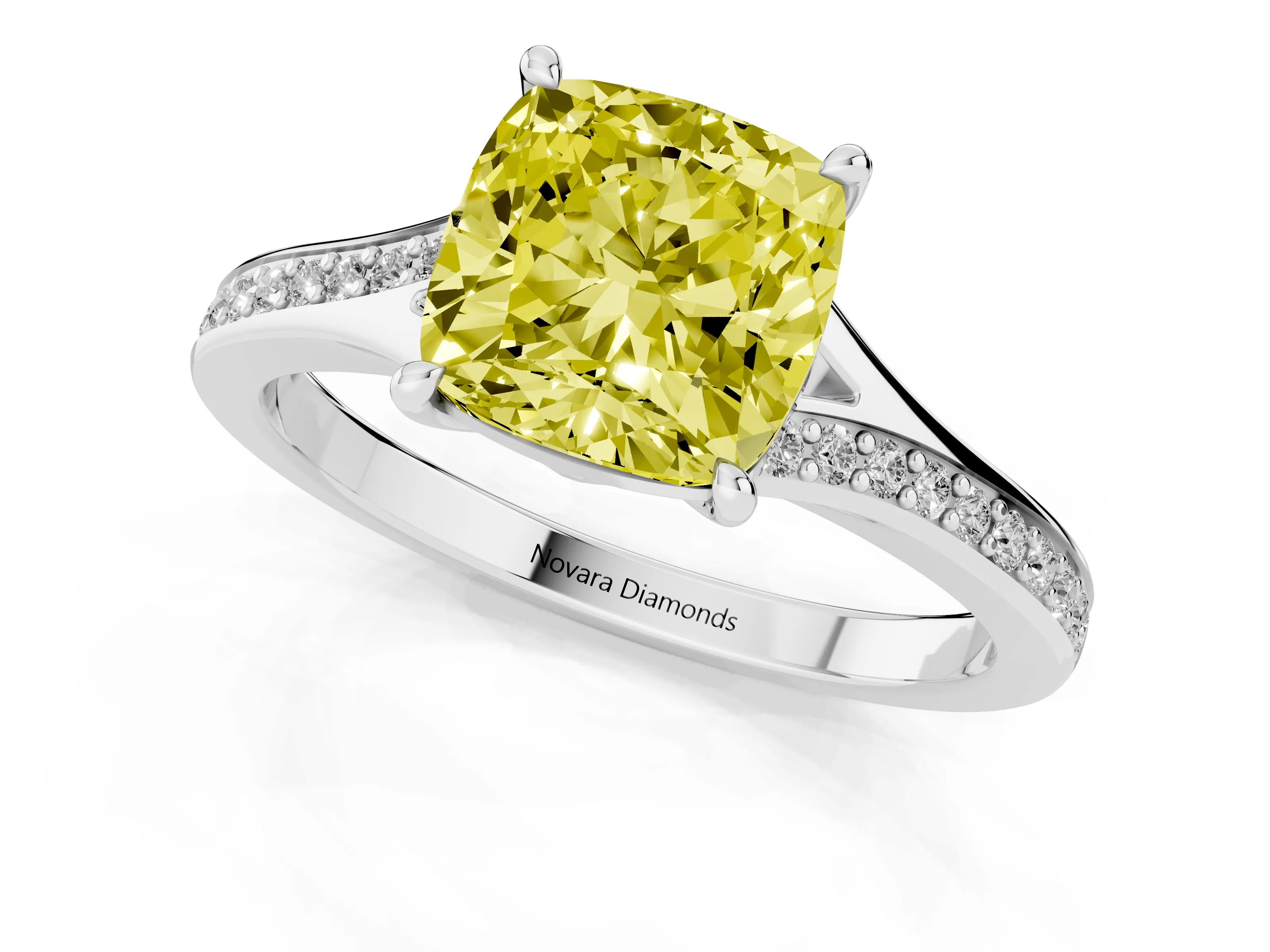 Fancy Yellow Cushion Cut Diamond Solitaire Ring Set in Platinum with Pavé Accent Band and Classic Prong Setting