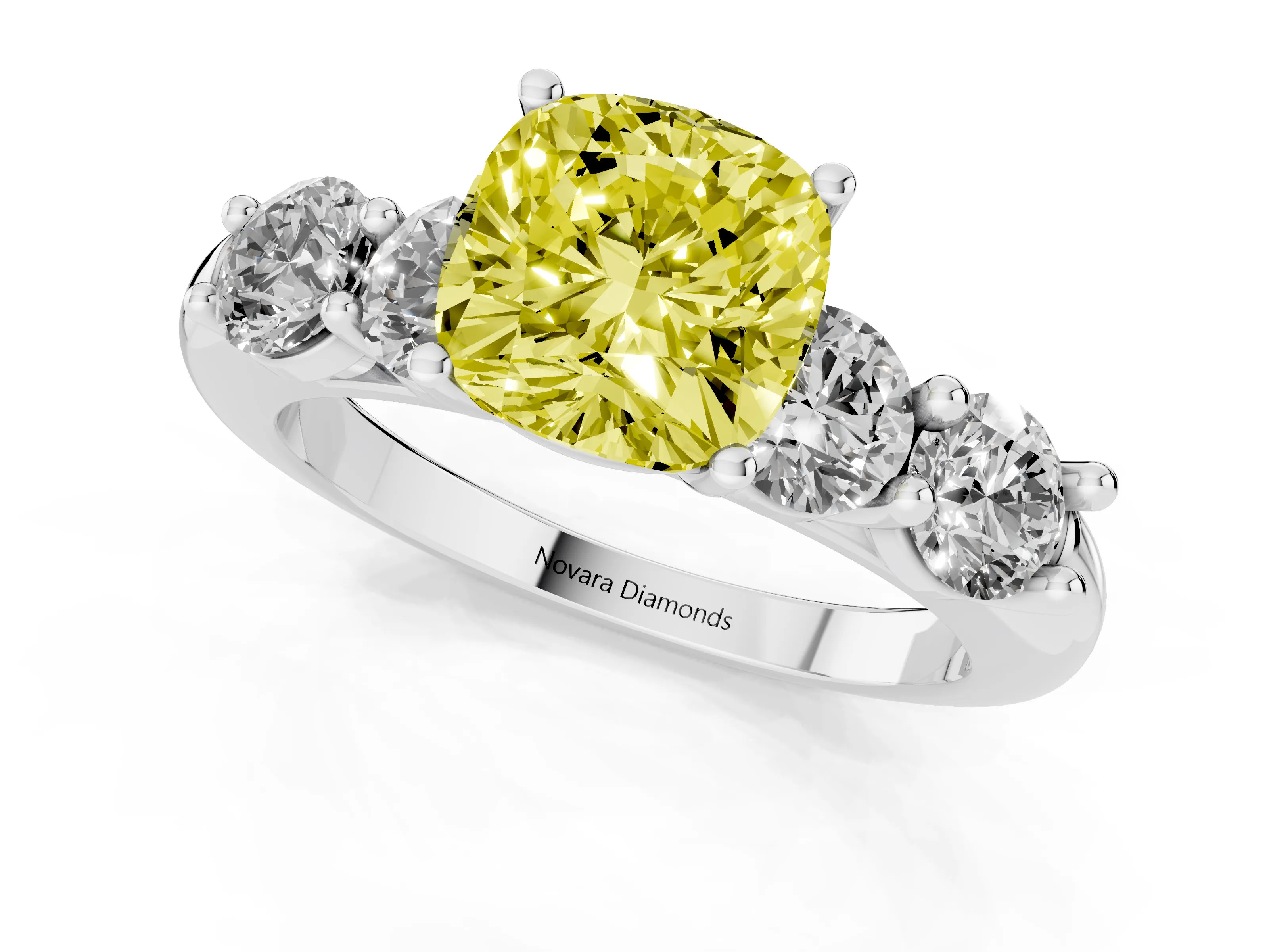 Fancy Yellow Cushion Cut Diamond Five-Stone Prong Set Ring Set in Platinum with Classic Band
