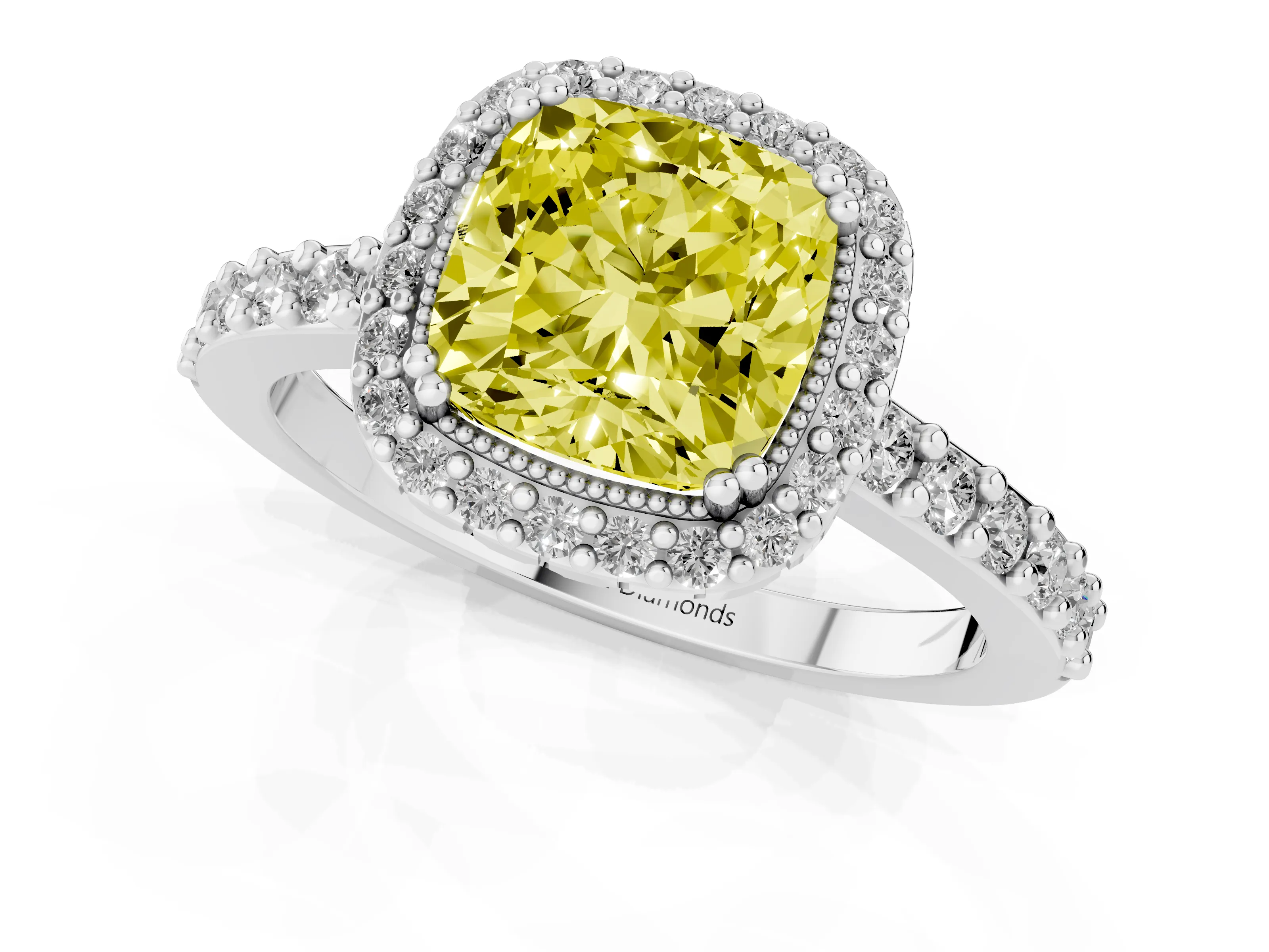 Fancy Yellow Cushion Cut Diamond Halo Engagement Ring Set in Silver with Milgrain Detail and Pavé Band