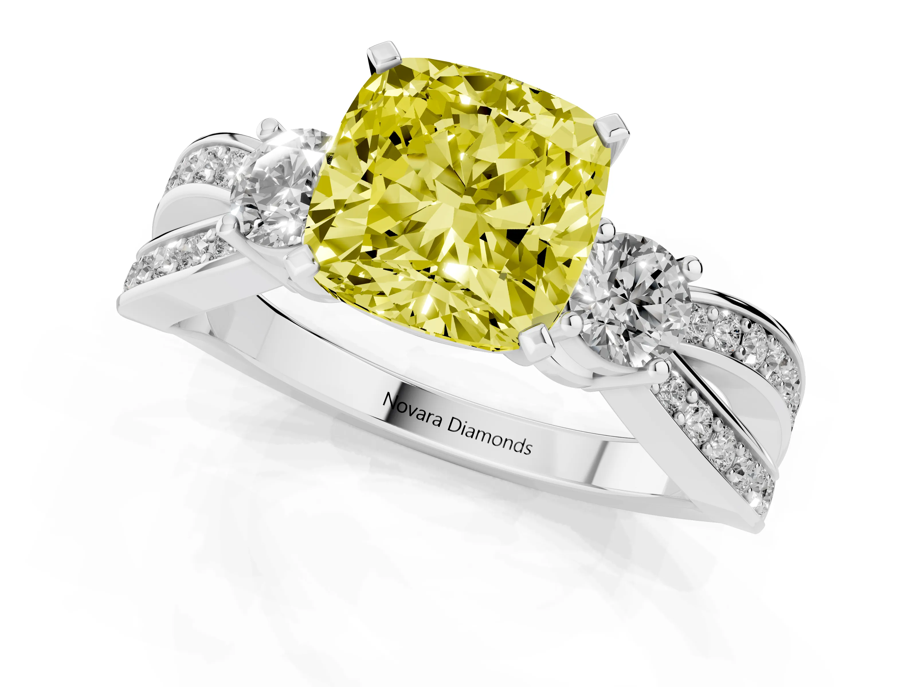 Fancy Yellow Three-Stone Cushion Cut Diamond Twist Band Ring Set in Platinum with Pavé Accents and Prong Setting