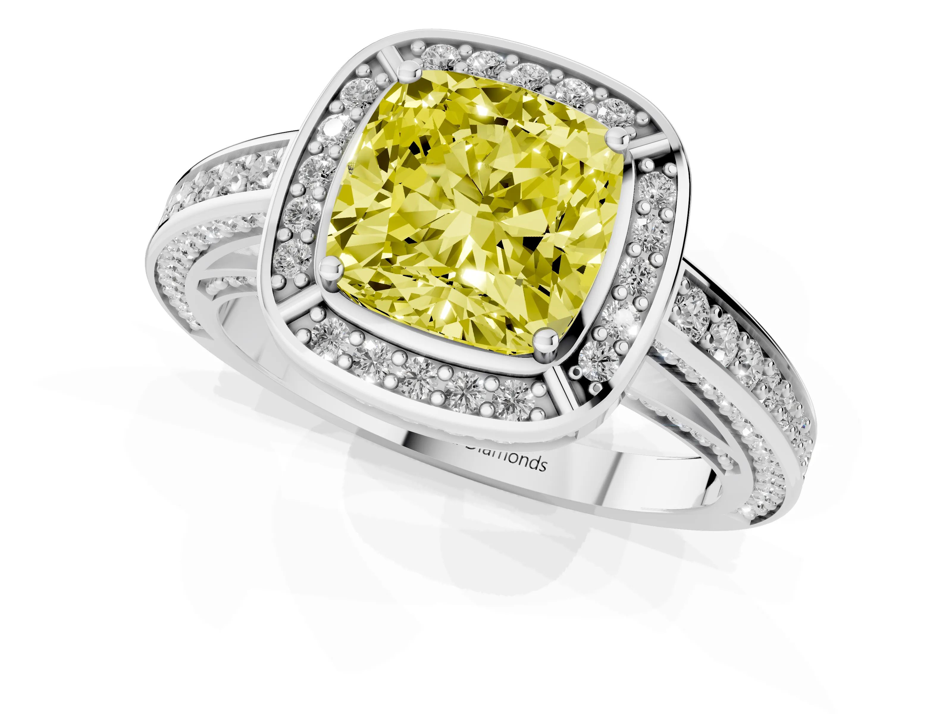 Fancy Yellow Cushion Cut Diamond Halo Pavé Split Shank Ring Set in Silver with Prong Setting