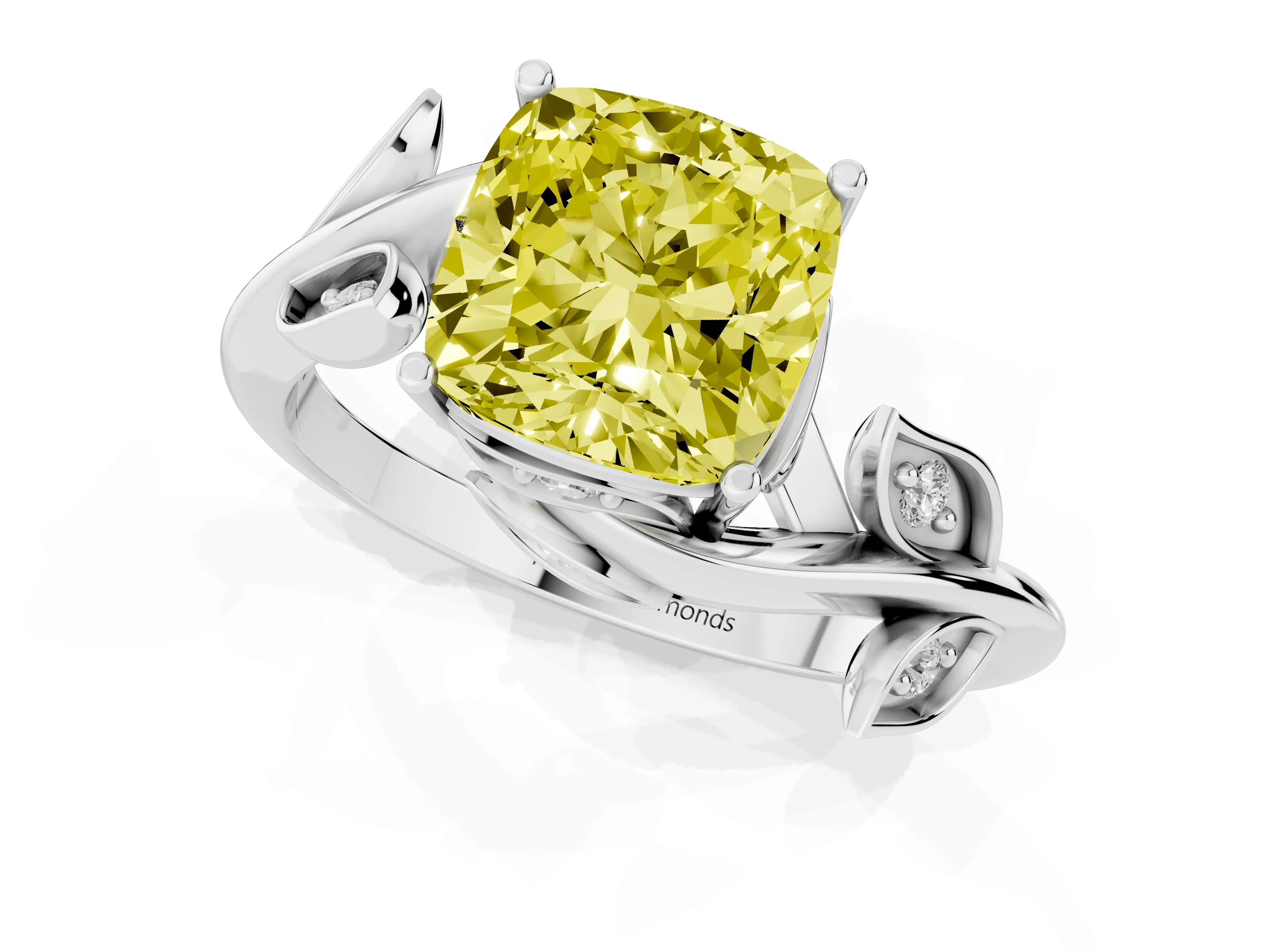 Fancy Yellow Cushion Cut Diamond Solitaire Twist Engagement Ring Set in Platinum with Pavé Leaf Accents