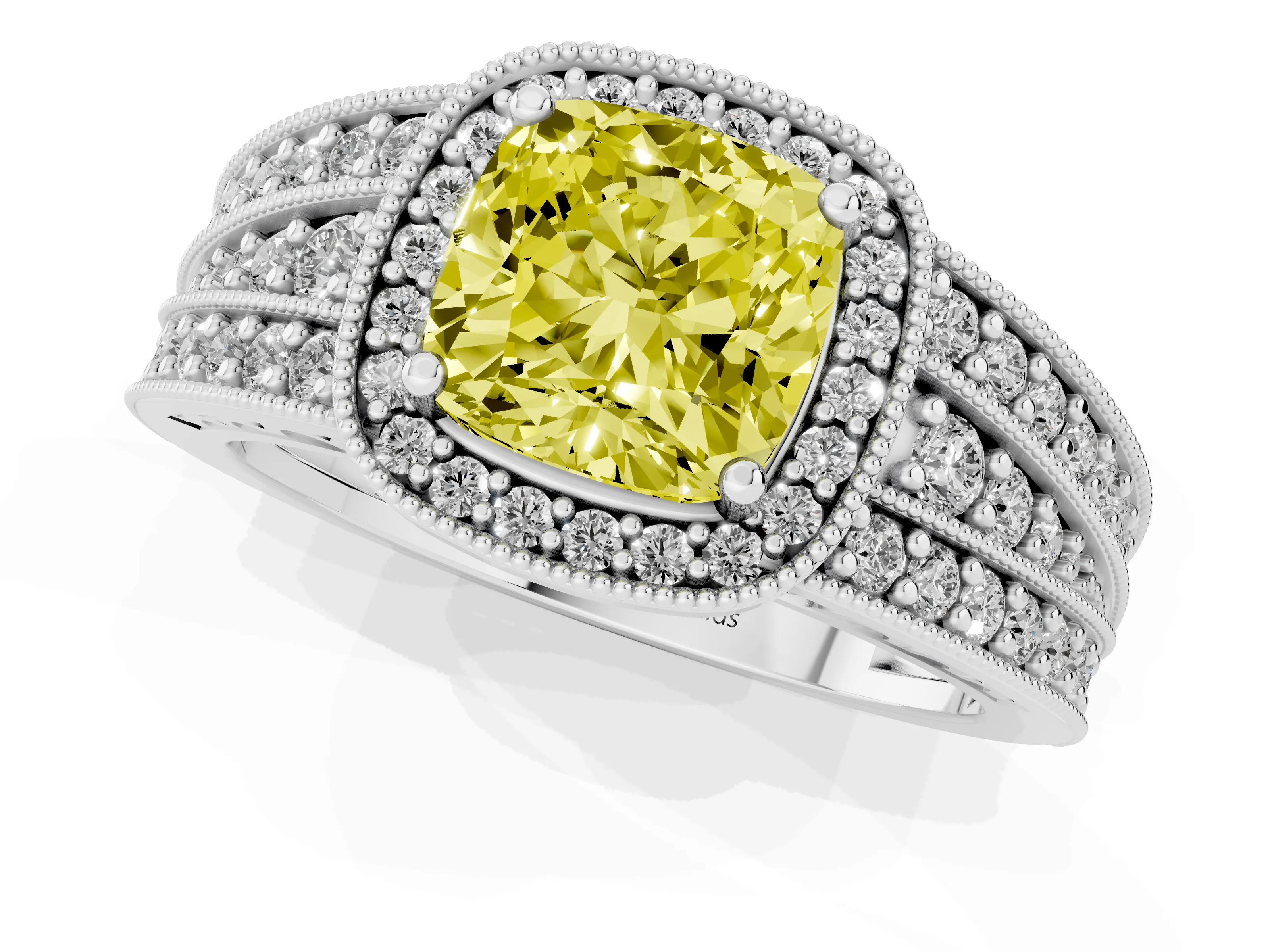 Fancy Yellow Cushion Cut Diamond Halo Ring Set in Silver with Accent Split Shank and Prong Setting