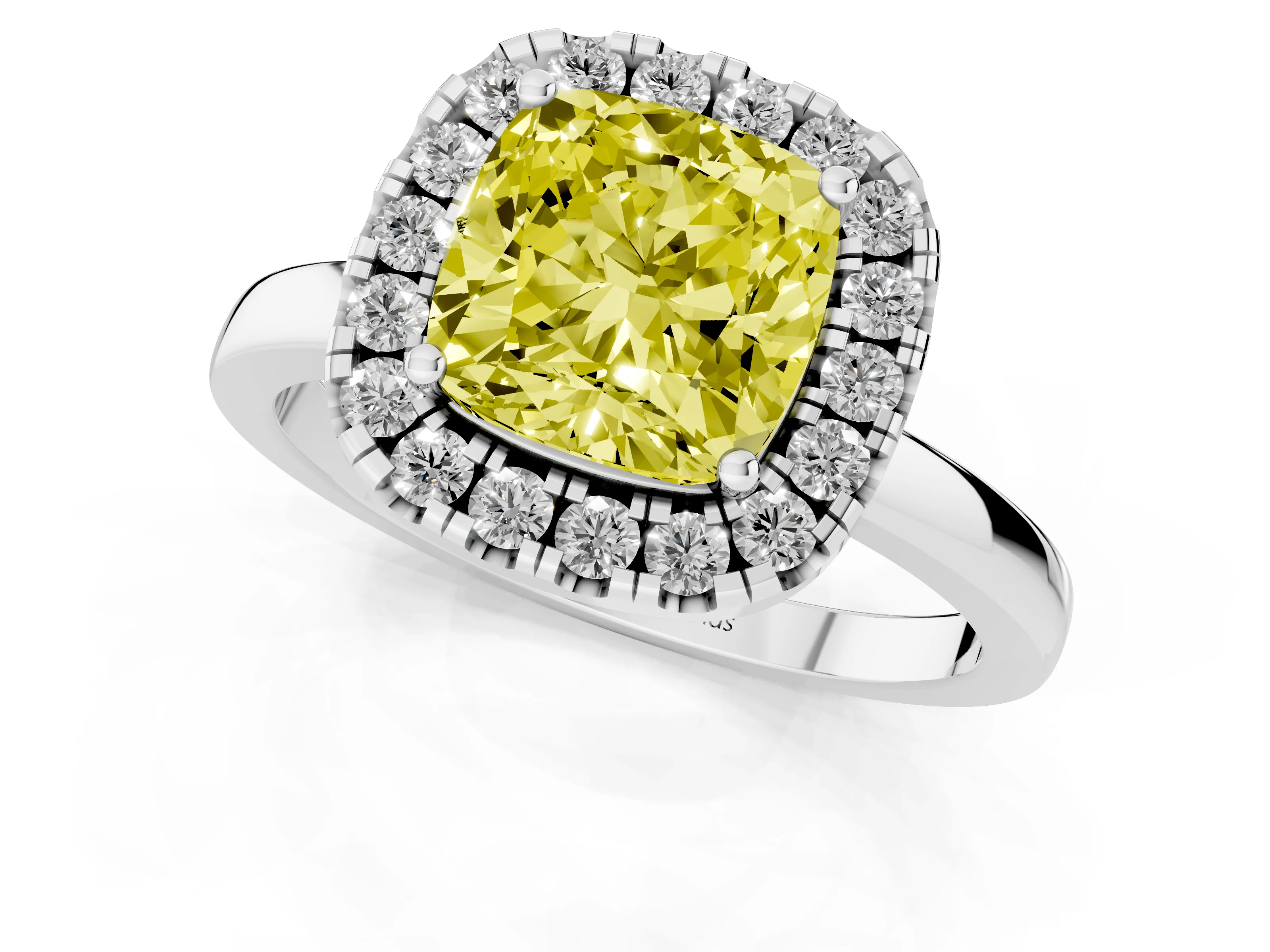 Fancy Yellow Cushion Cut Diamond Halo Solitaire Ring Set in White gold with Pavé Band and Prong Setting
