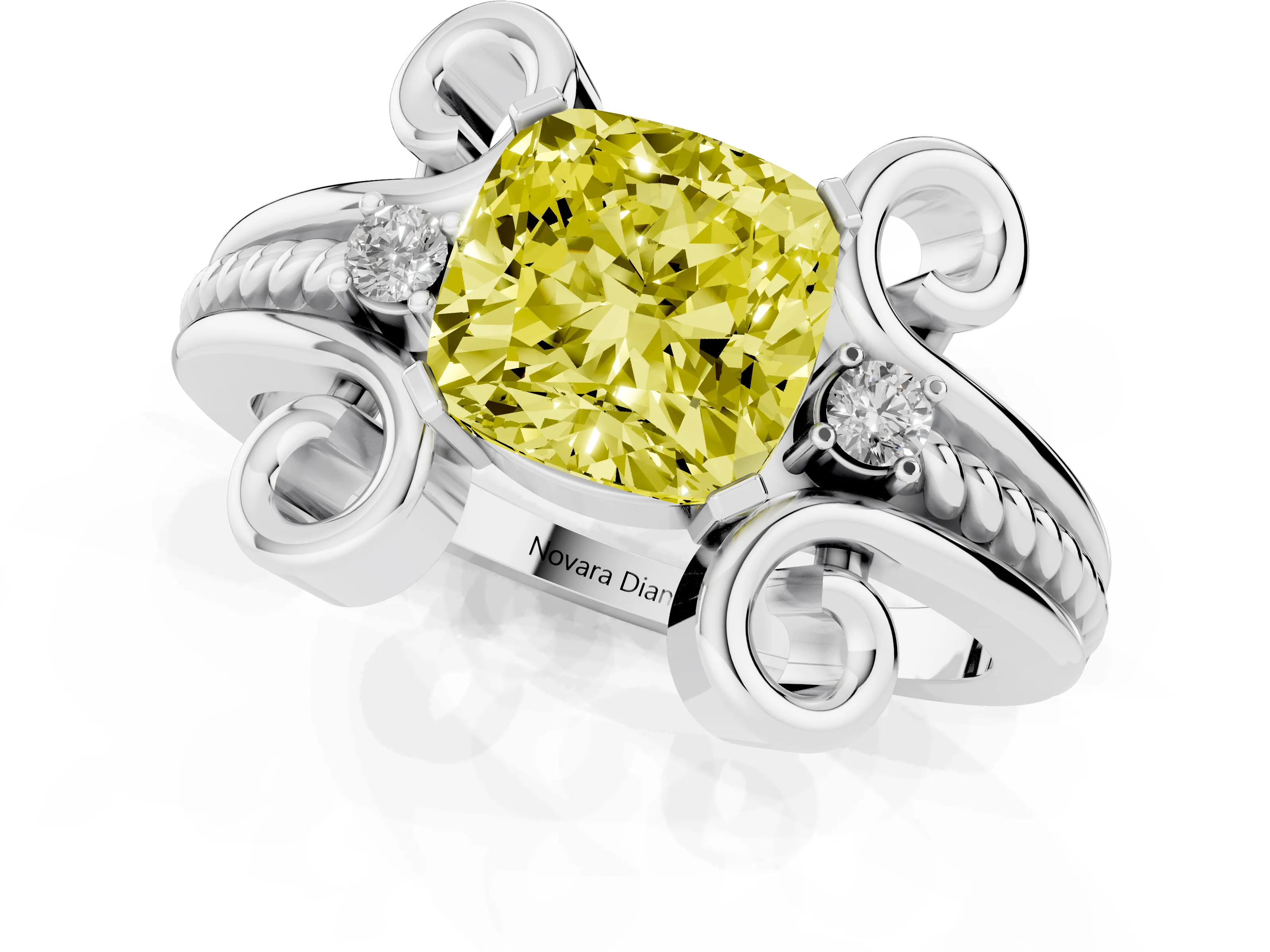 Fancy Yellow Cushion Cut Diamond Twisted Band Solitaire Ring Set in White gold with Scroll Prongs