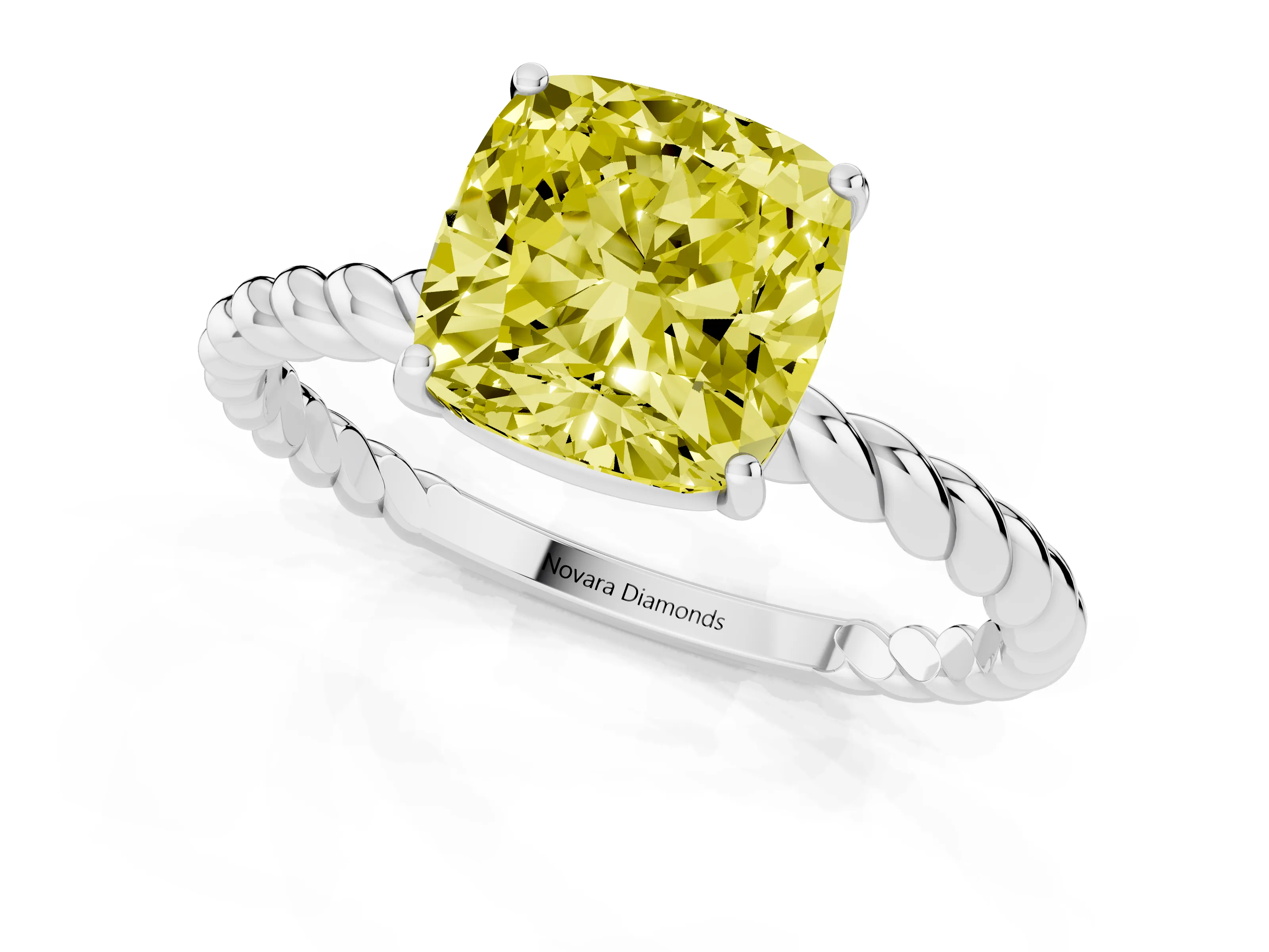 Fancy Yellow Cushion Cut Diamond Solitaire Ring Set in Platinum with Twist Band and Prong Setting