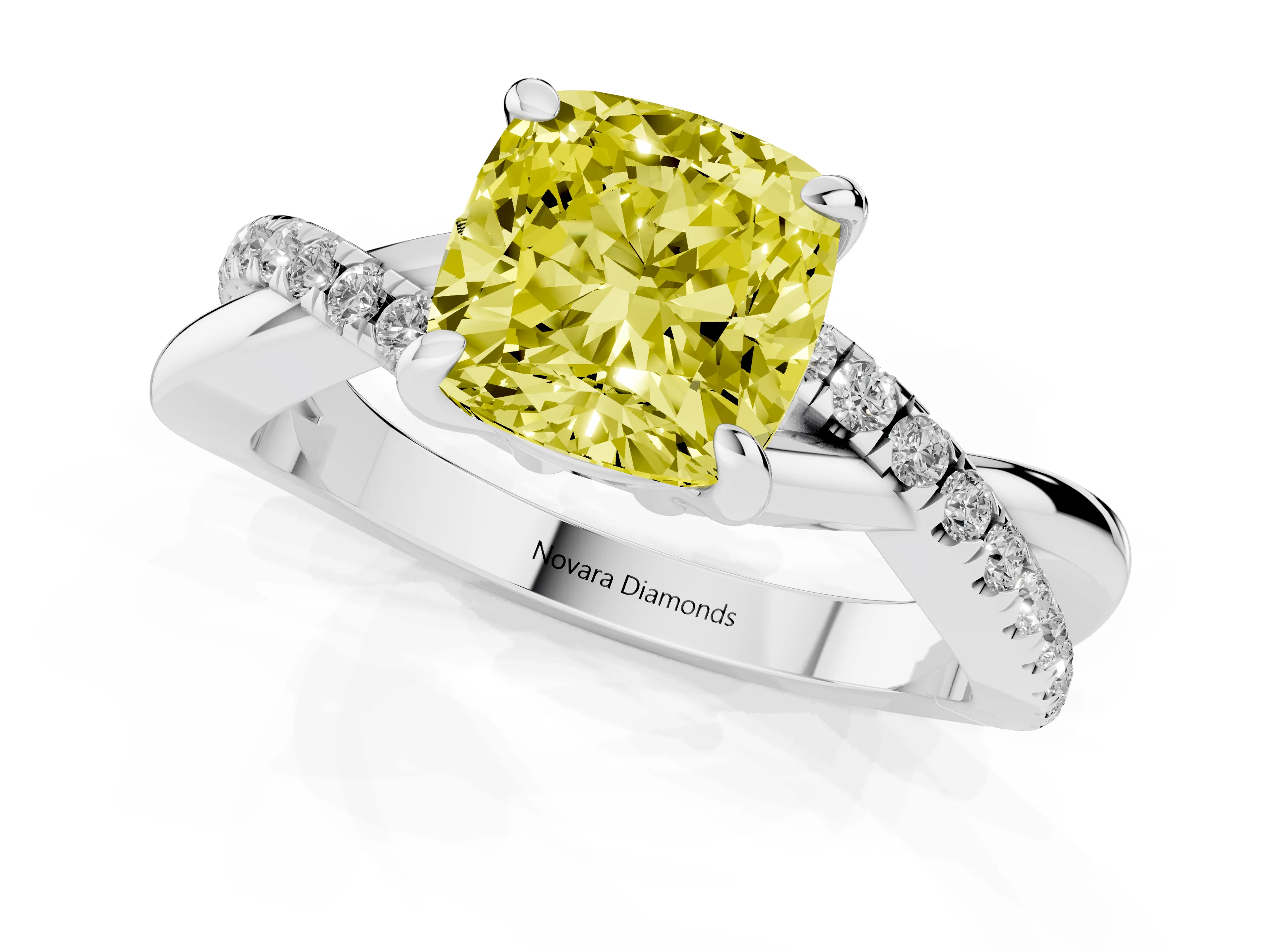 Fancy Yellow Cushion Cut Diamond Twist Band Pavé Solitaire Ring Set in Silver with Prong Setting