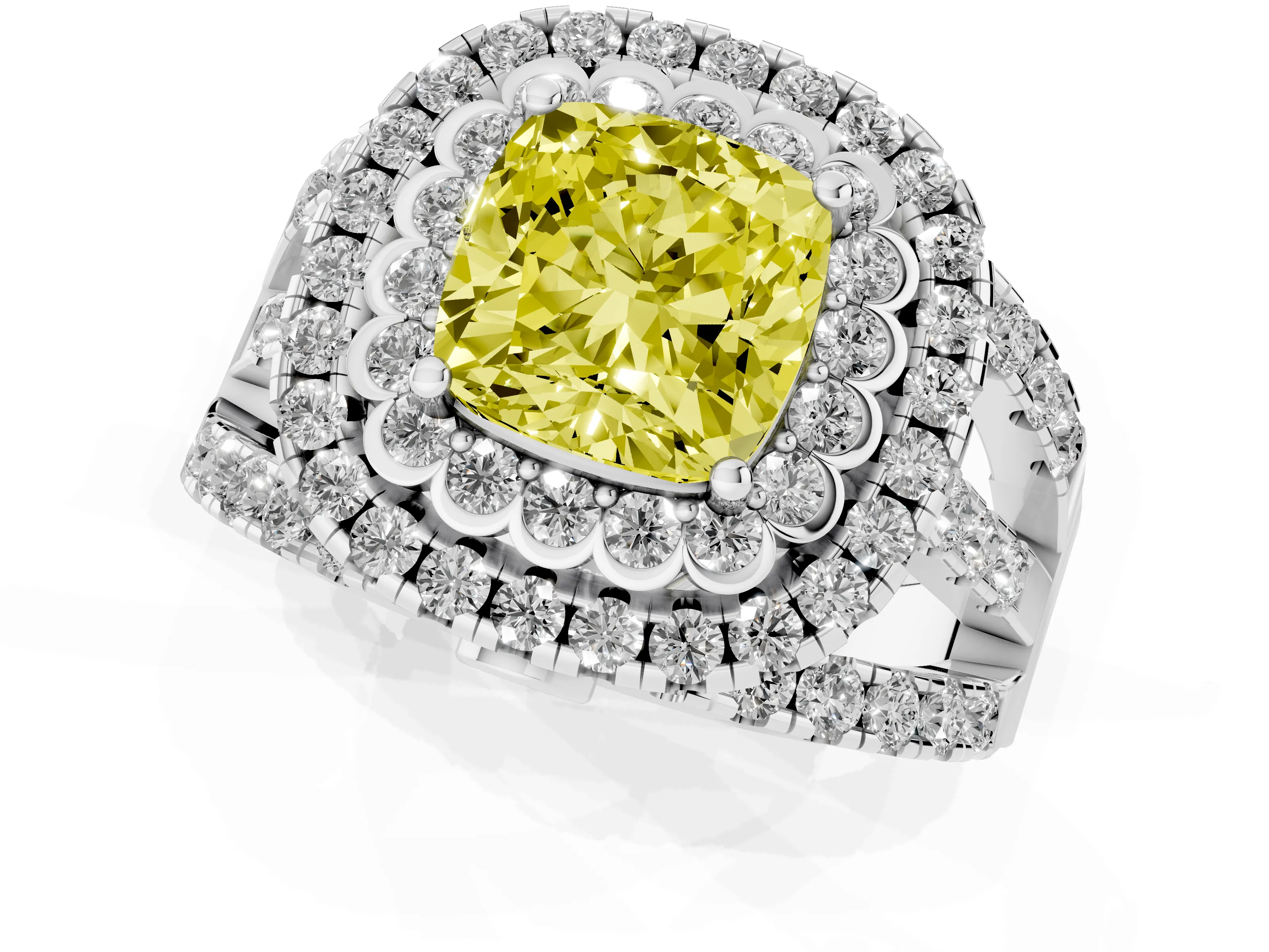 Fancy Yellow Cushion Cut Diamond Double Halo Ring Set in White gold with Round Pavé Split Shank – second view