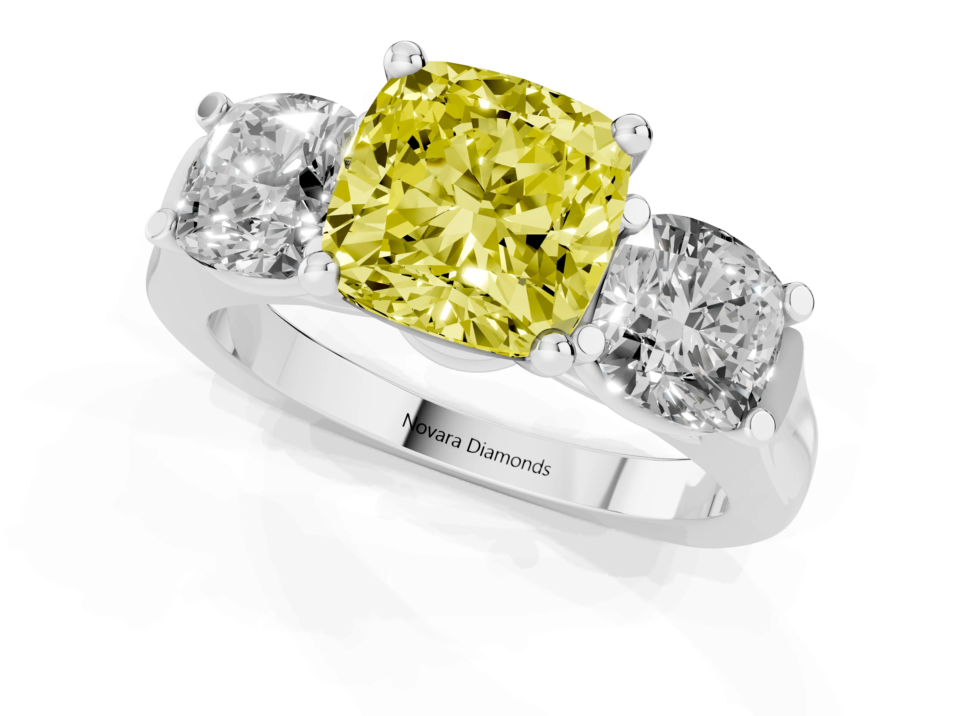 Fancy Yellow Cushion Cut Diamond Three-Stone Trellis Ring Set in Platinum with Comfort Fit Band