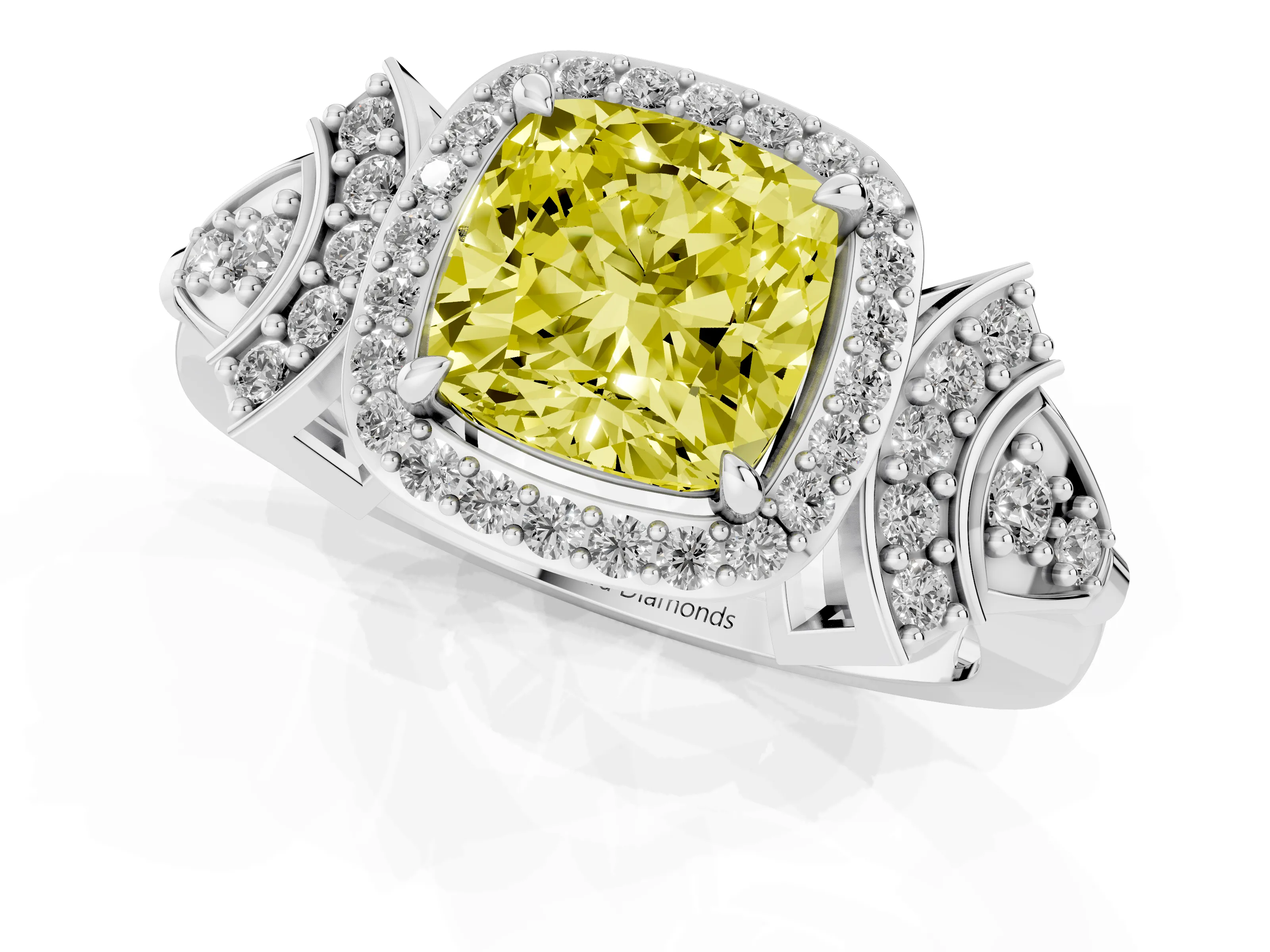 Fancy Yellow Cushion Cut Diamond Halo Engagement Ring Set in Platinum with Accent Stone Split Shank