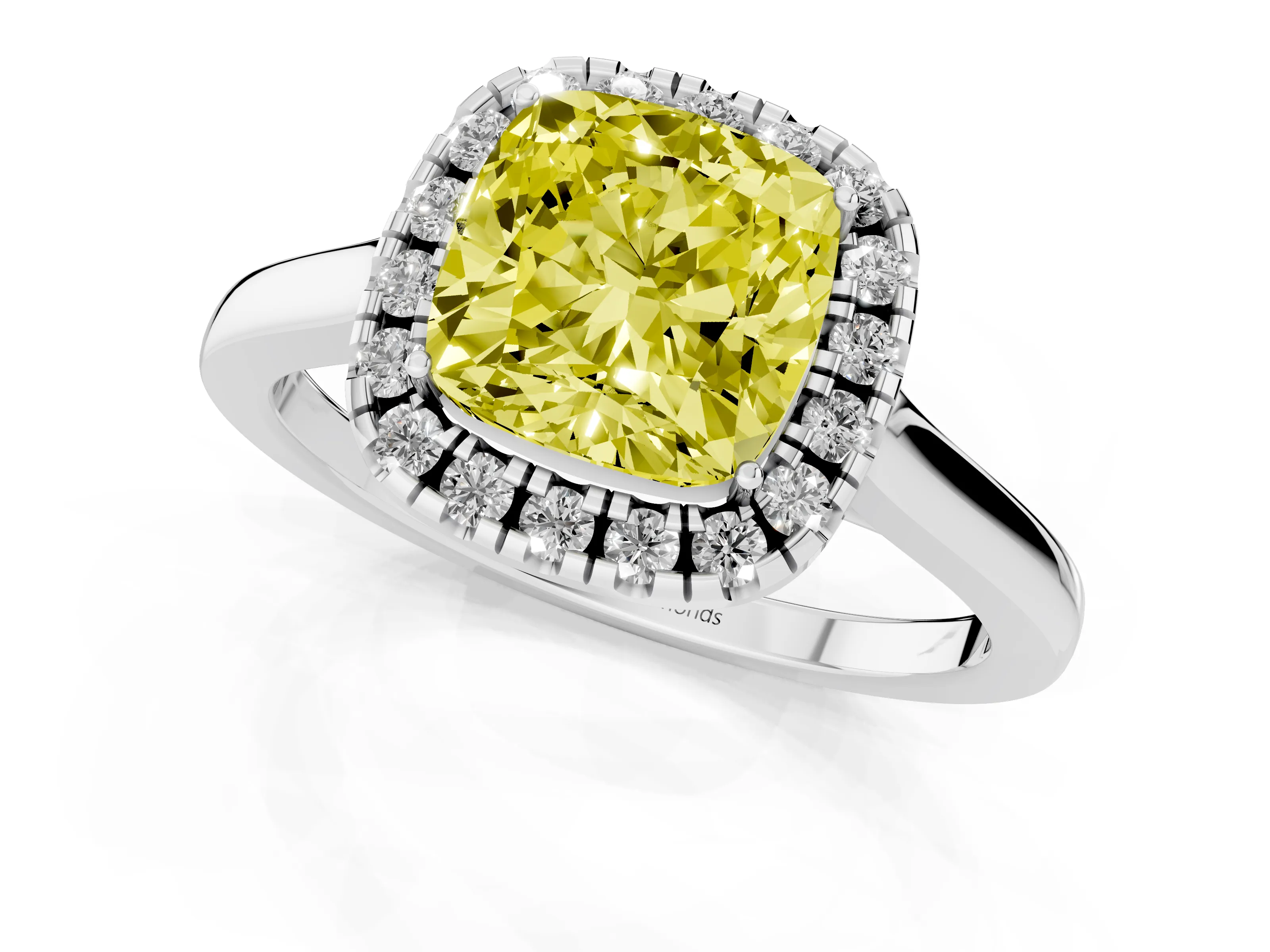 Fancy Yellow Cushion Cut Halo Round Diamond Solitaire Ring Set in White gold with Pavé Band and Prong Setting
