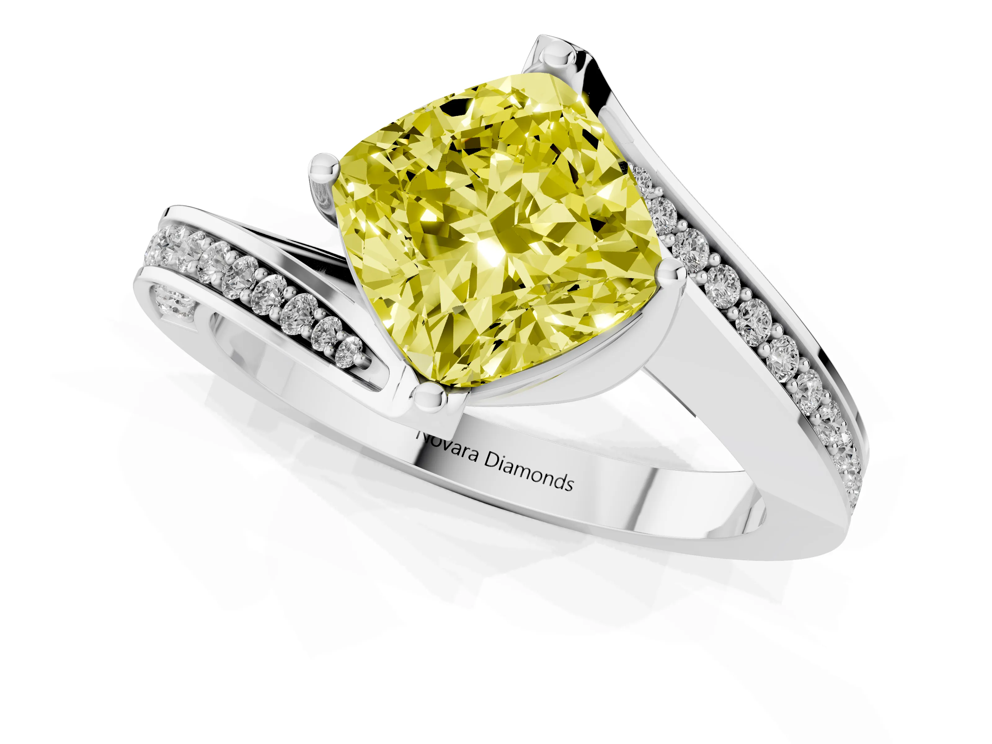 Fancy Yellow Cushion Cut Diamond Solitaire Ring Set in Silver with Intertwined Pavé Twist Band