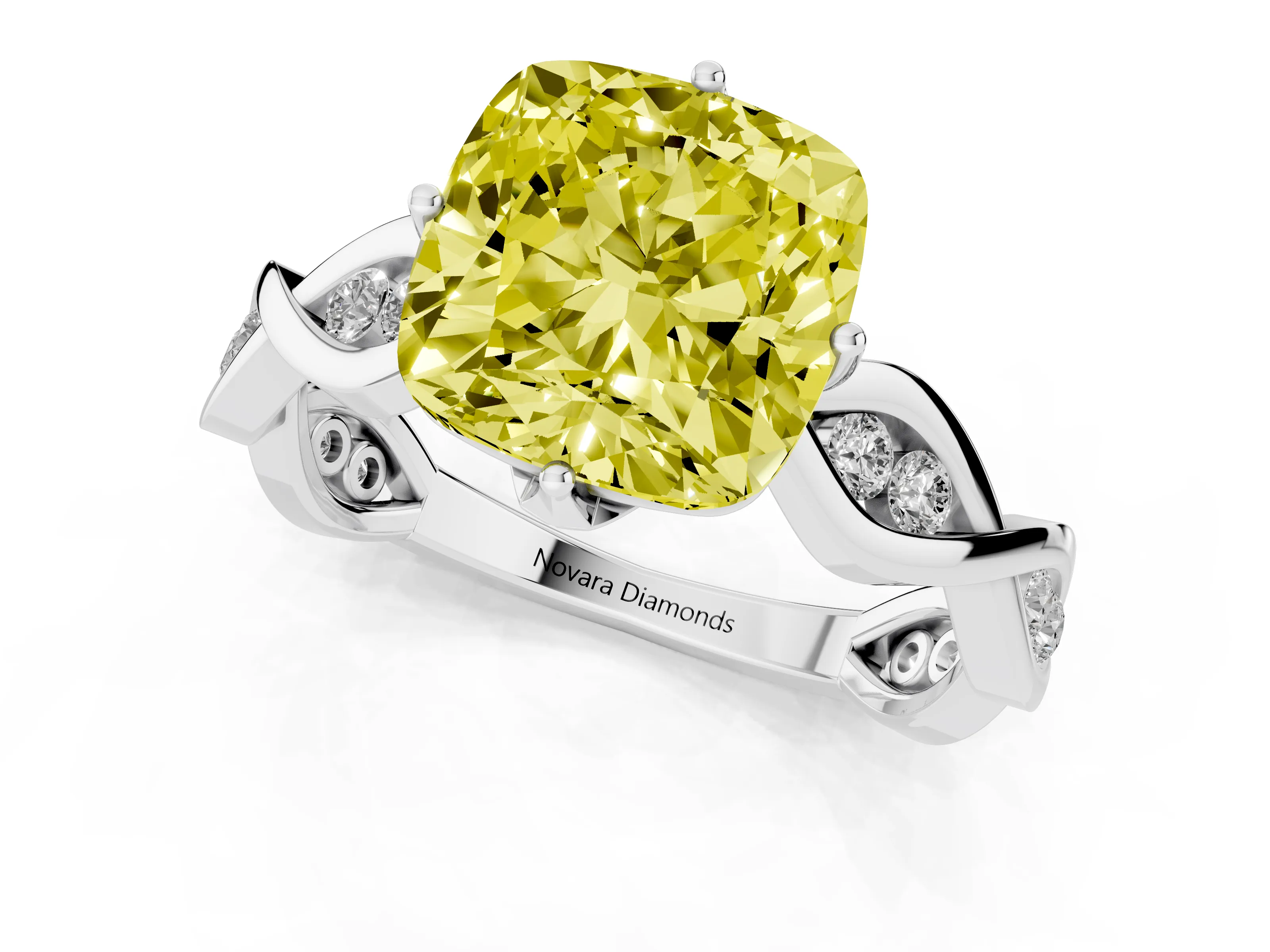Fancy Yellow Cushion Cut Diamond Twist Band Solitaire Ring Set in Platinum with Leaf Prong Setting and Accent Stones