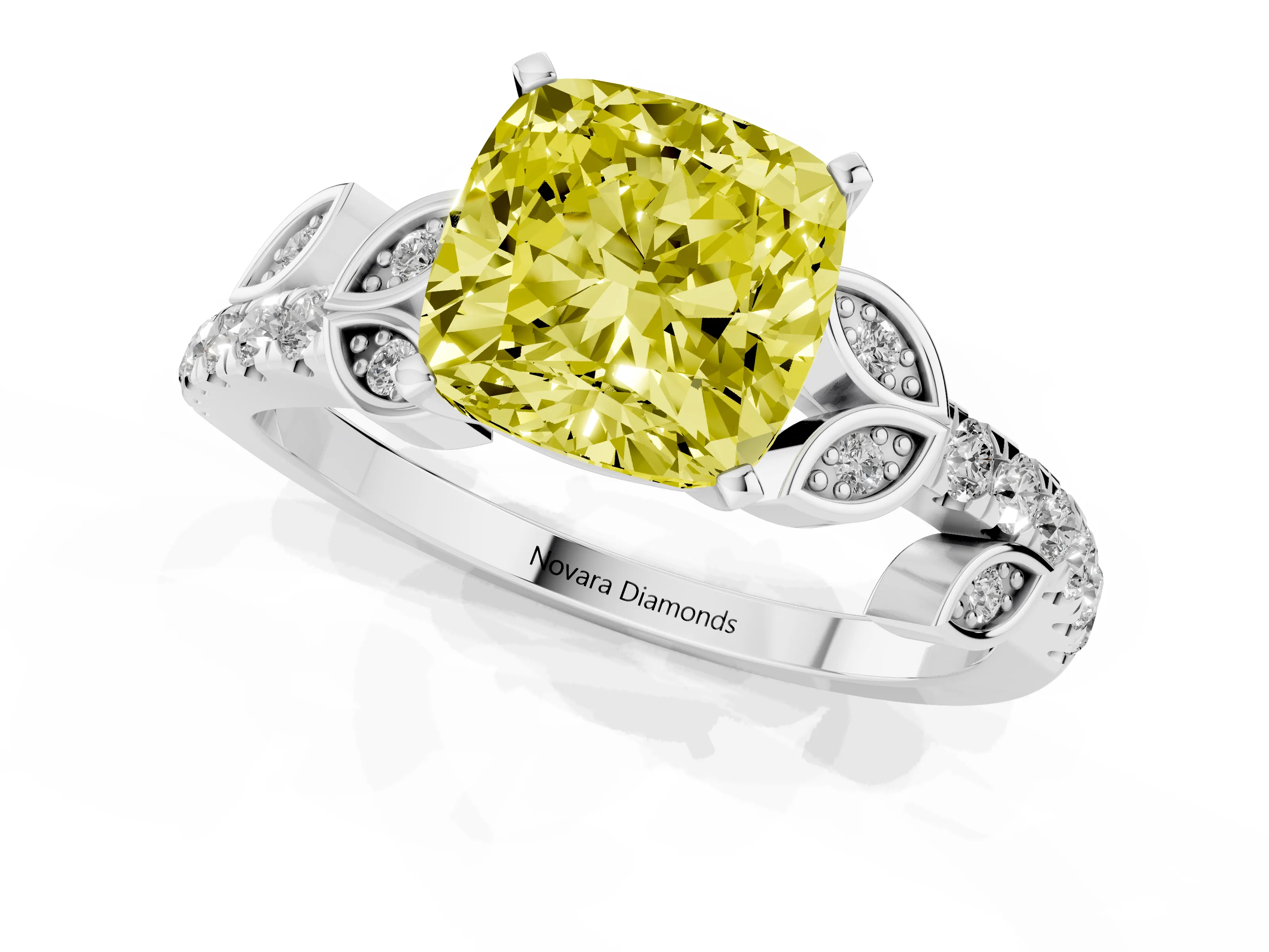 Fancy Yellow Cushion Cut Diamond Solitaire Leaf-Inspired Ring Set in Platinum with Pavé Band and Prong Setting