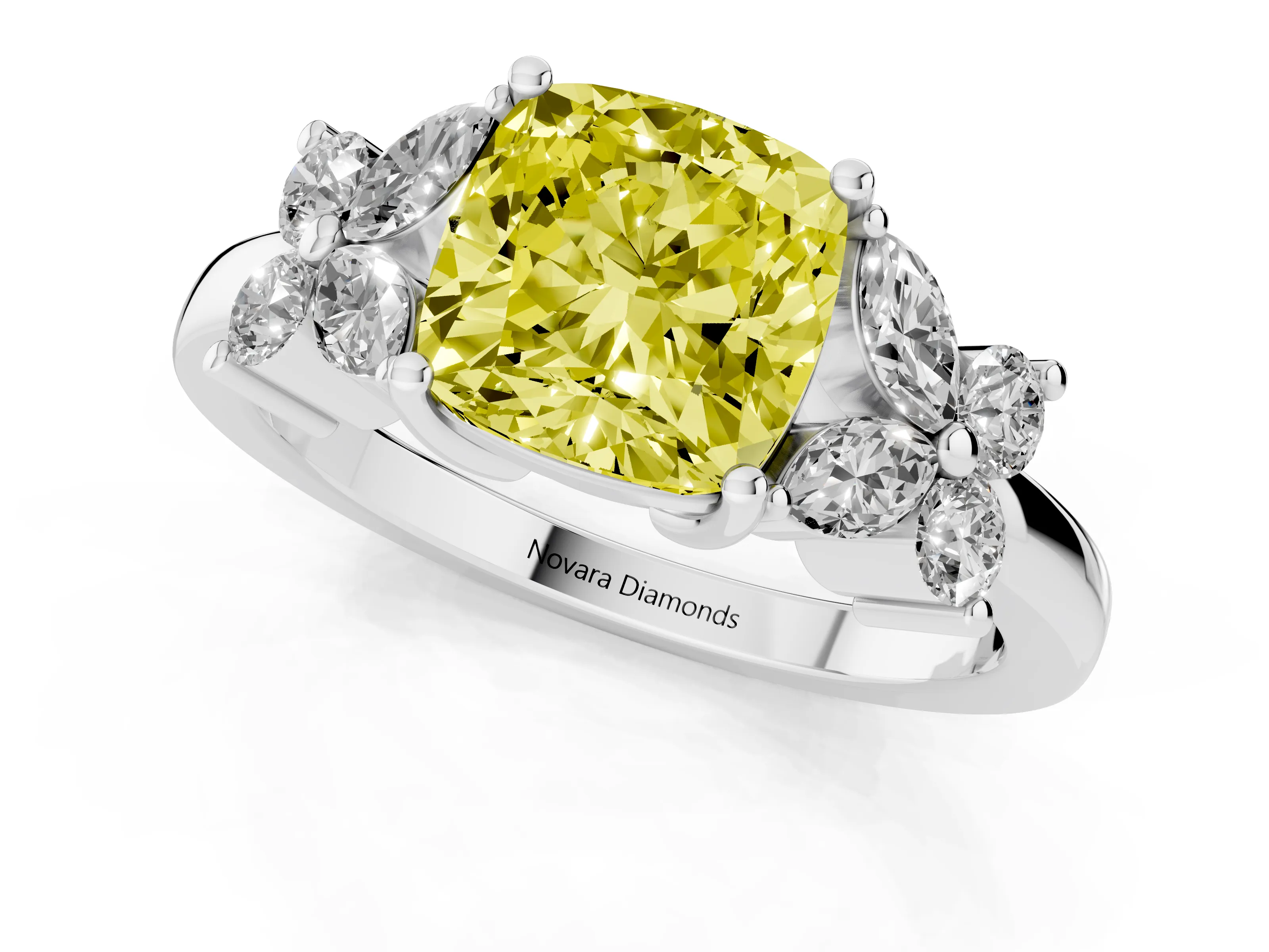 Fancy Yellow Cushion Cut Diamond Floral Cluster Ring Set in Platinum with Marquise Petals and Prong Setting