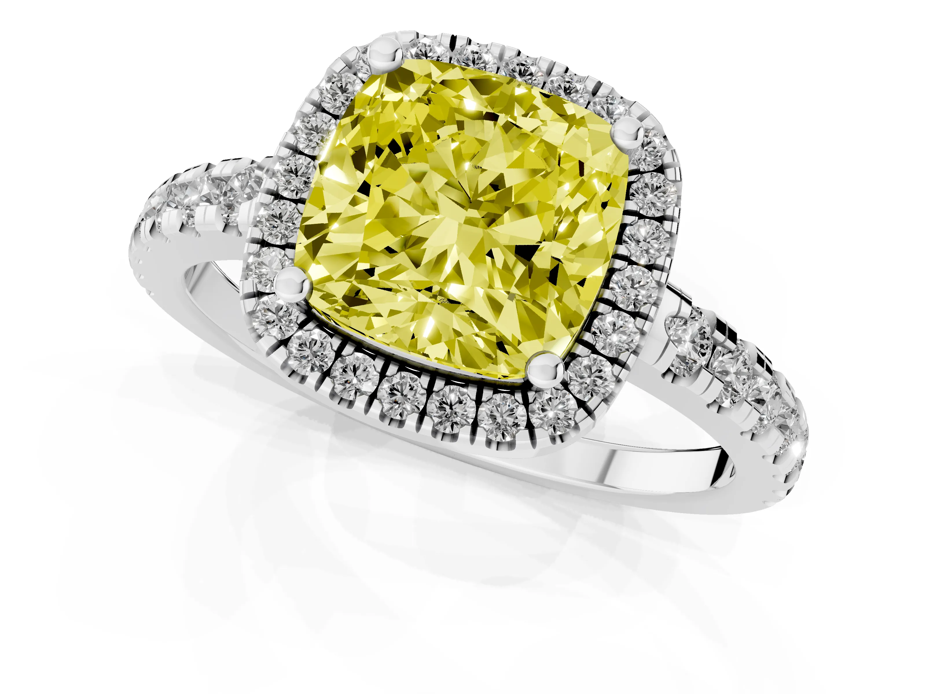 Fancy Yellow Cushion Cut Diamond Halo Ring Set in White gold with Delicate Pavé Band and Prong Setting