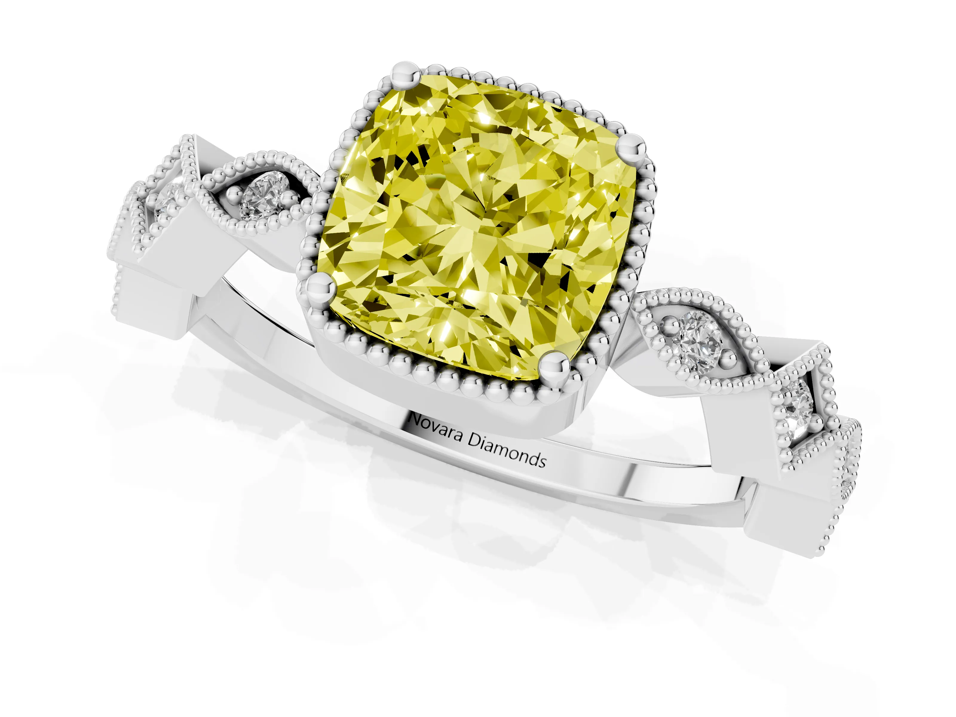 Fancy Yellow Cushion Cut Diamond Milgrain Marquise Twist Band Ring Set in White gold with Prong Setting