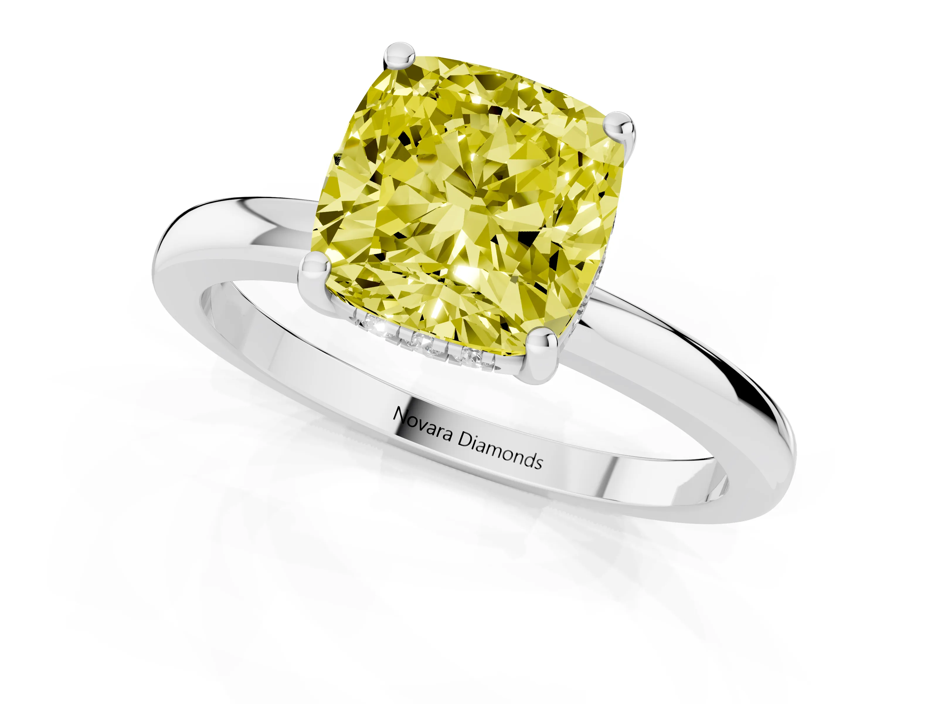 Fancy Yellow Cushion Cut Diamond Solitaire Ring Set in Platinum with Plain Band and Prong Setting
