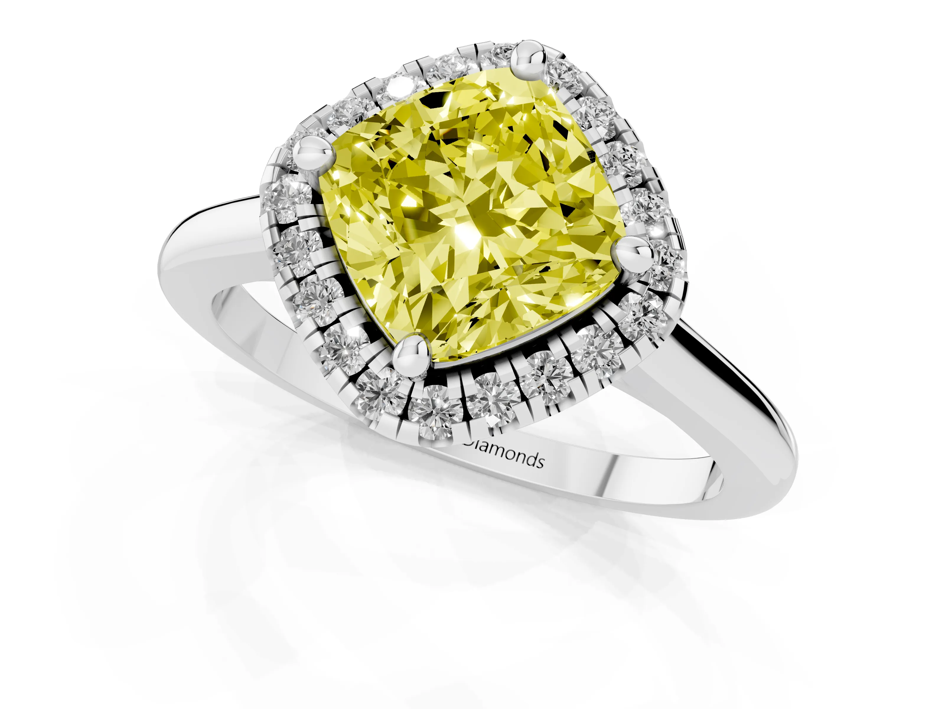 Fancy Yellow Cushion Cut Diamond Halo Engagement Ring Set in White gold with Pavé Band and Rising Shoulders – second view