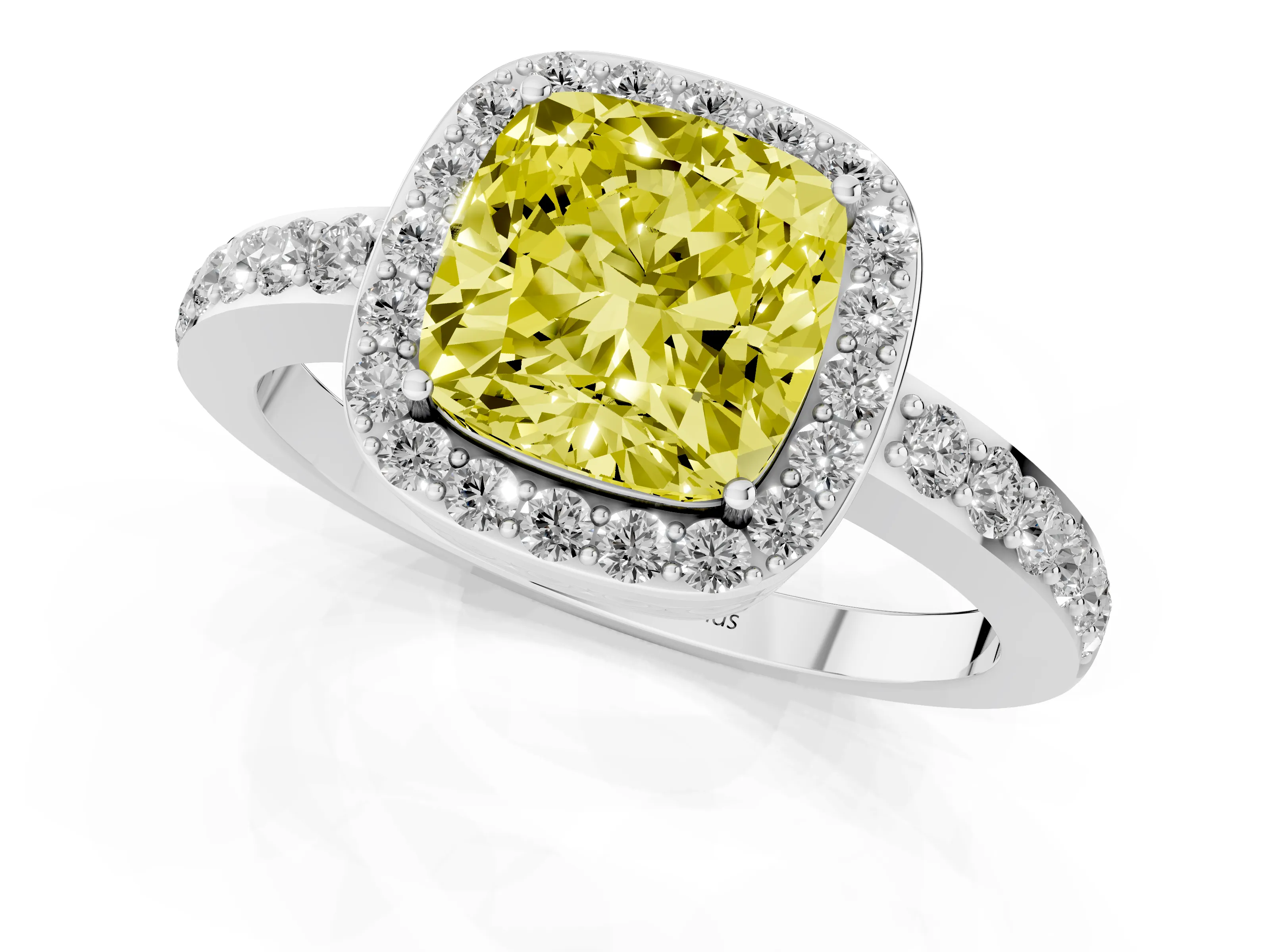 Fancy Yellow Cushion Cut Diamond Halo Ring Set in Platinum with Pavé-Setting Band and Open Prong Center – second view