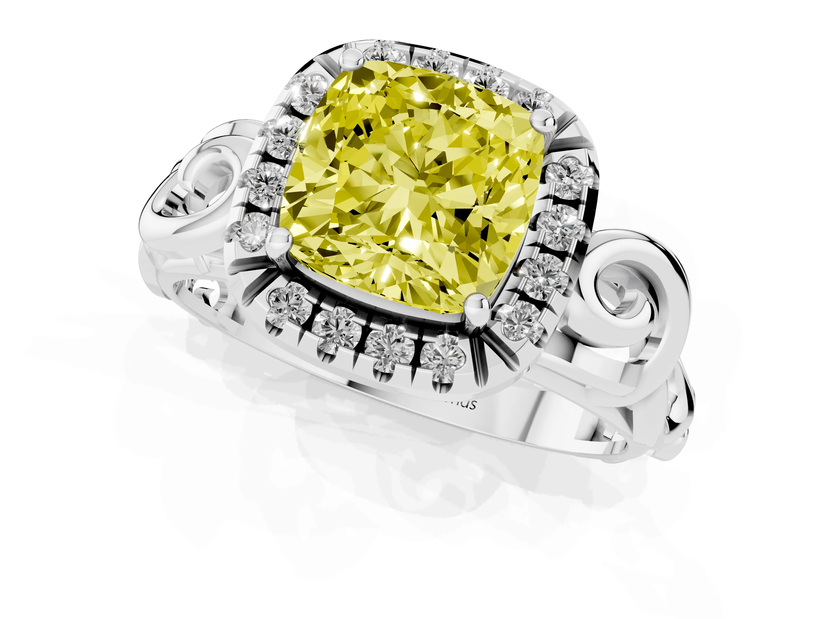 Fancy Yellow Cushion Cut Diamond Halo Ring Set in Platinum with Scrollwork Band and Prong Setting