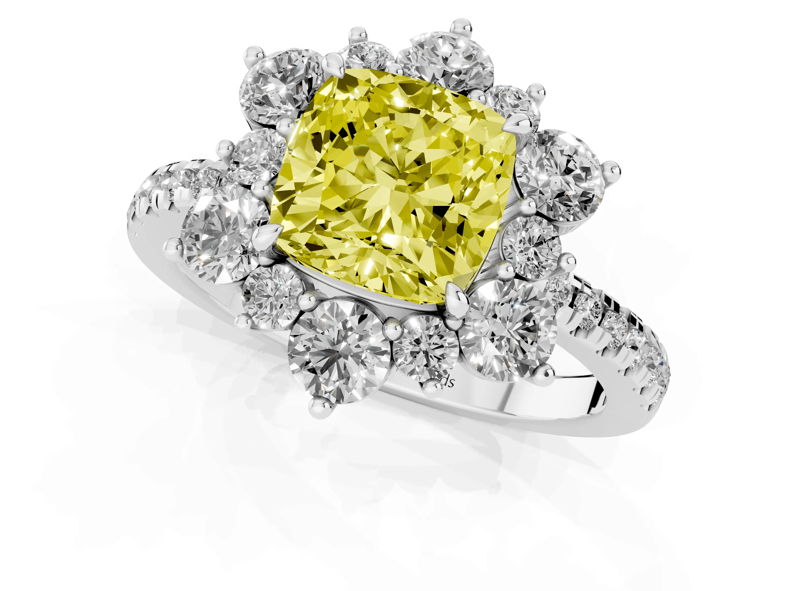 Fancy Yellow Cushion Cut Diamond Floral Halo Ring Set in Silver with Round Pavé Band and Prong Setting
