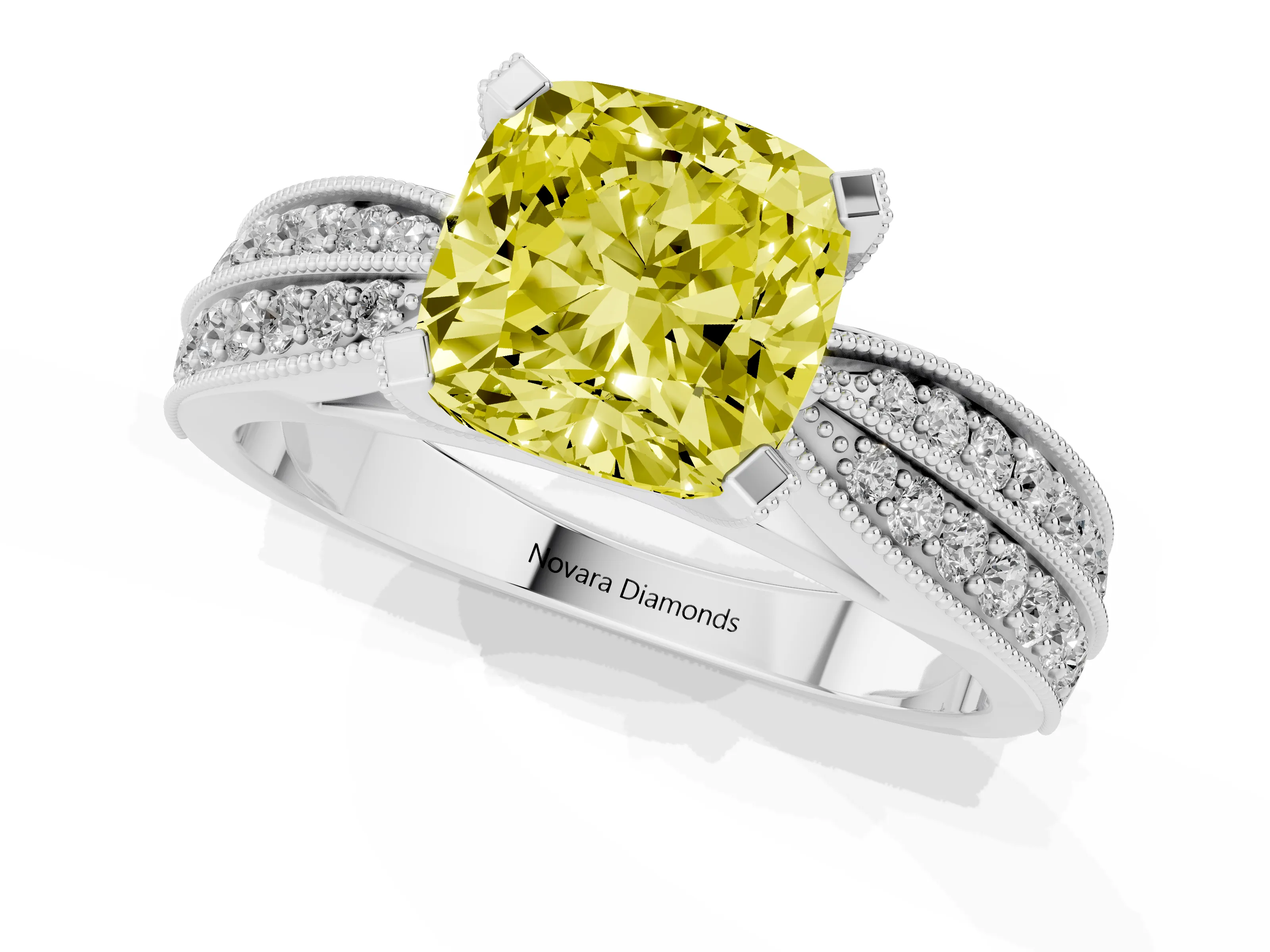 Fancy Yellow Cushion Cut Diamond Solitaire Ring Set in Platinum with Milgrain Double Row Round Pavé Band