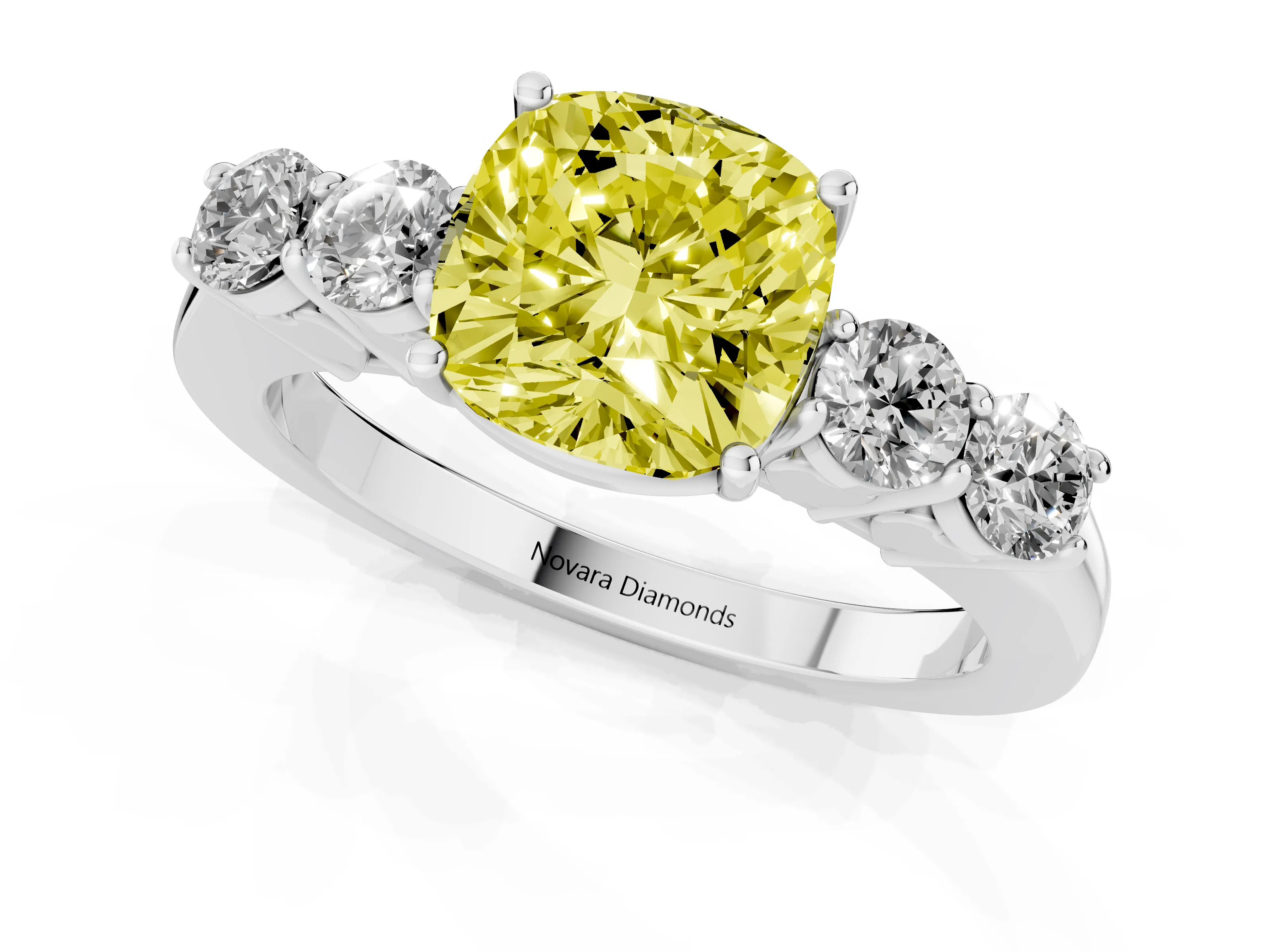 Fancy Yellow Cushion Cut Diamond Five-Stone Prong Set Band Ring Set in White gold with Polished Band