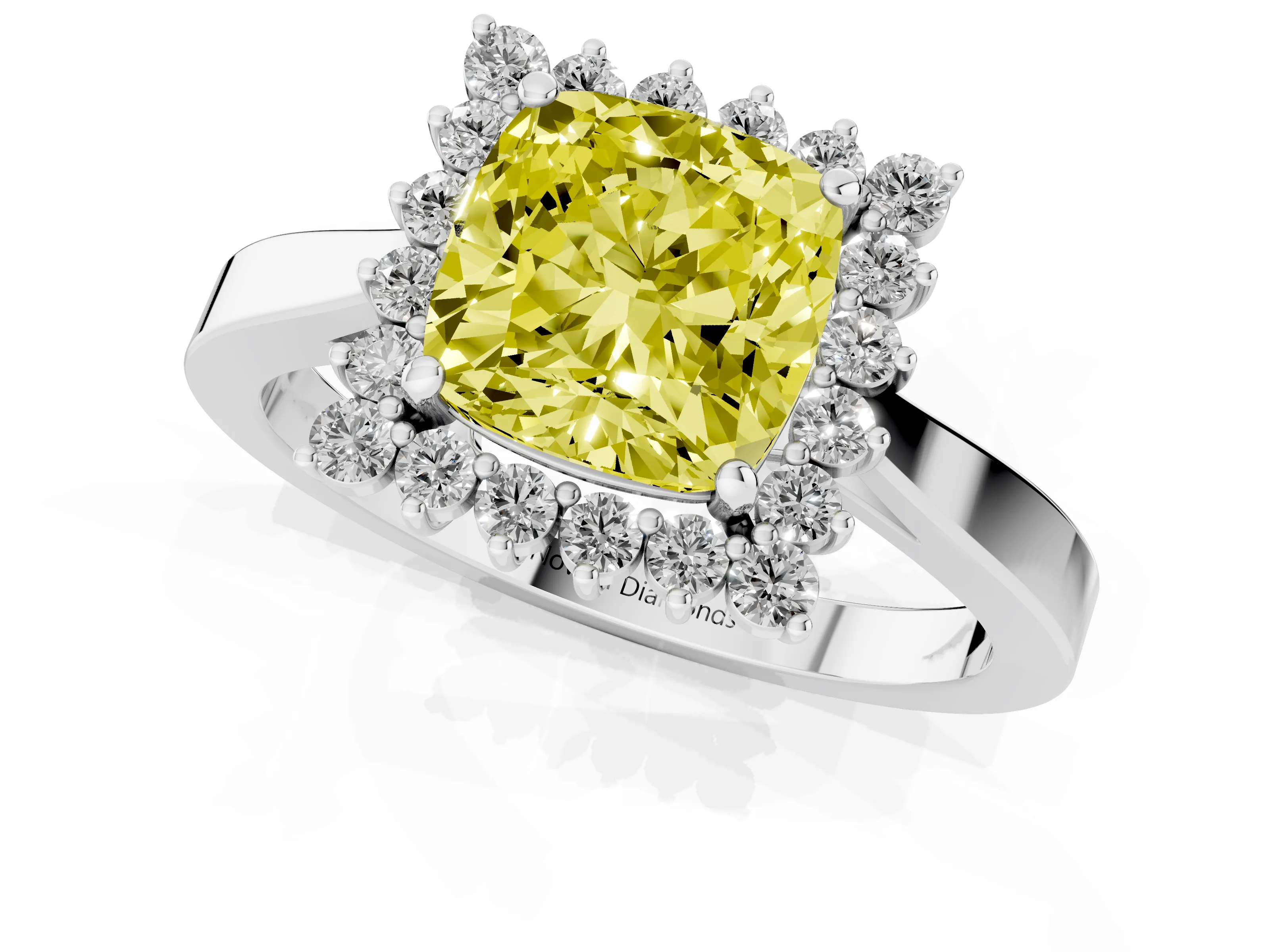 Fancy Yellow Cushion Cut Diamond Halo Ring Set in Silver with Round Halo and Smooth Solitaire Band