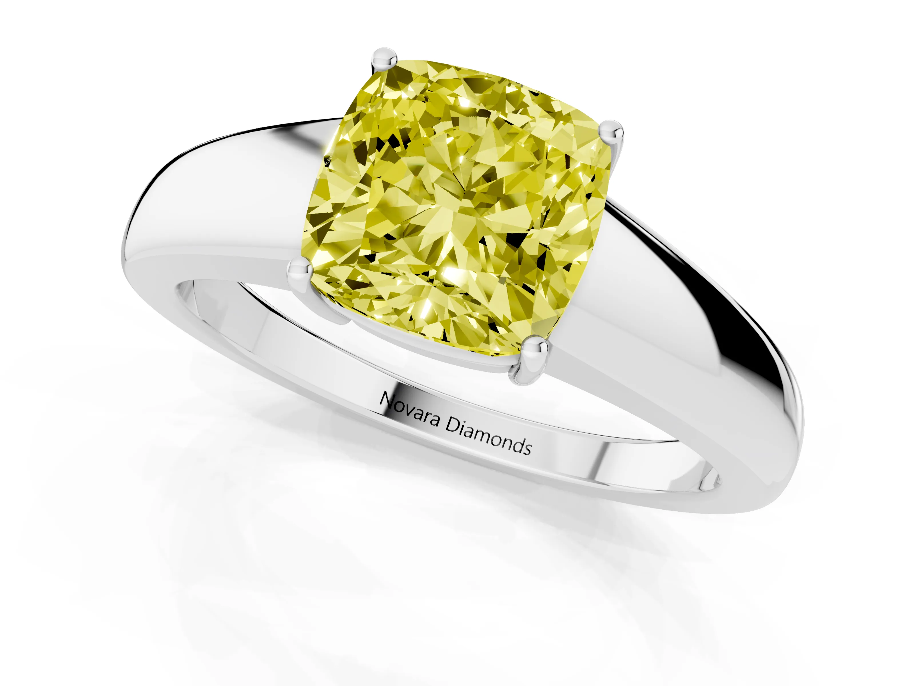 Fancy Yellow Cushion Cut Diamond Solitaire Ring Set in White gold with Tapered Band and Prong Setting