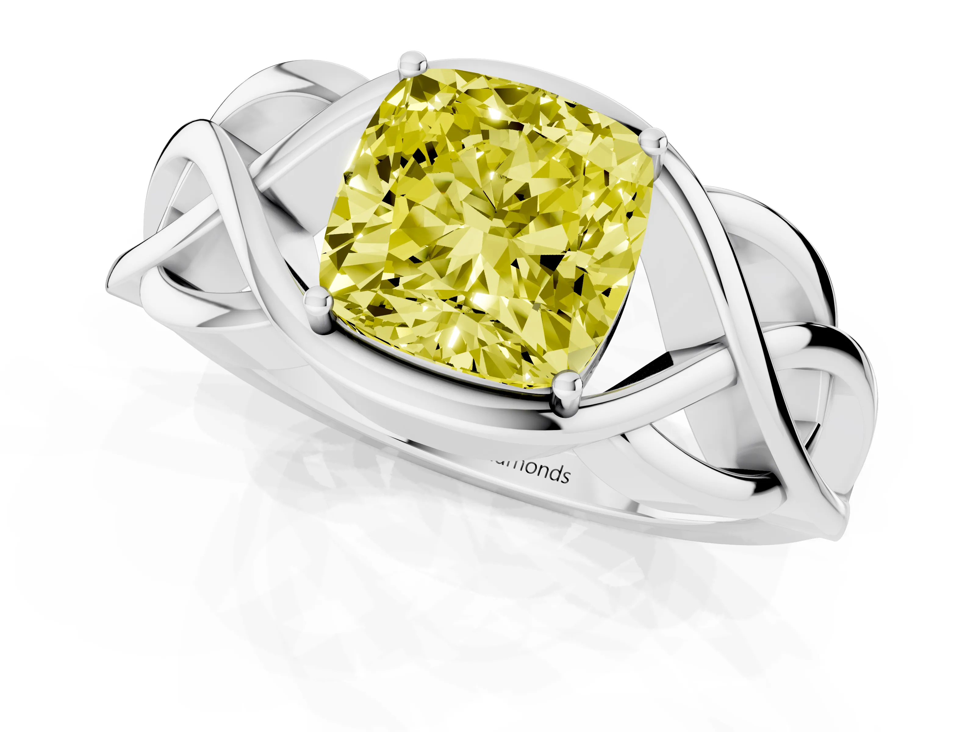 Fancy Yellow Cushion Cut Diamond Solitaire Ring Set in Silver with Intertwined Band