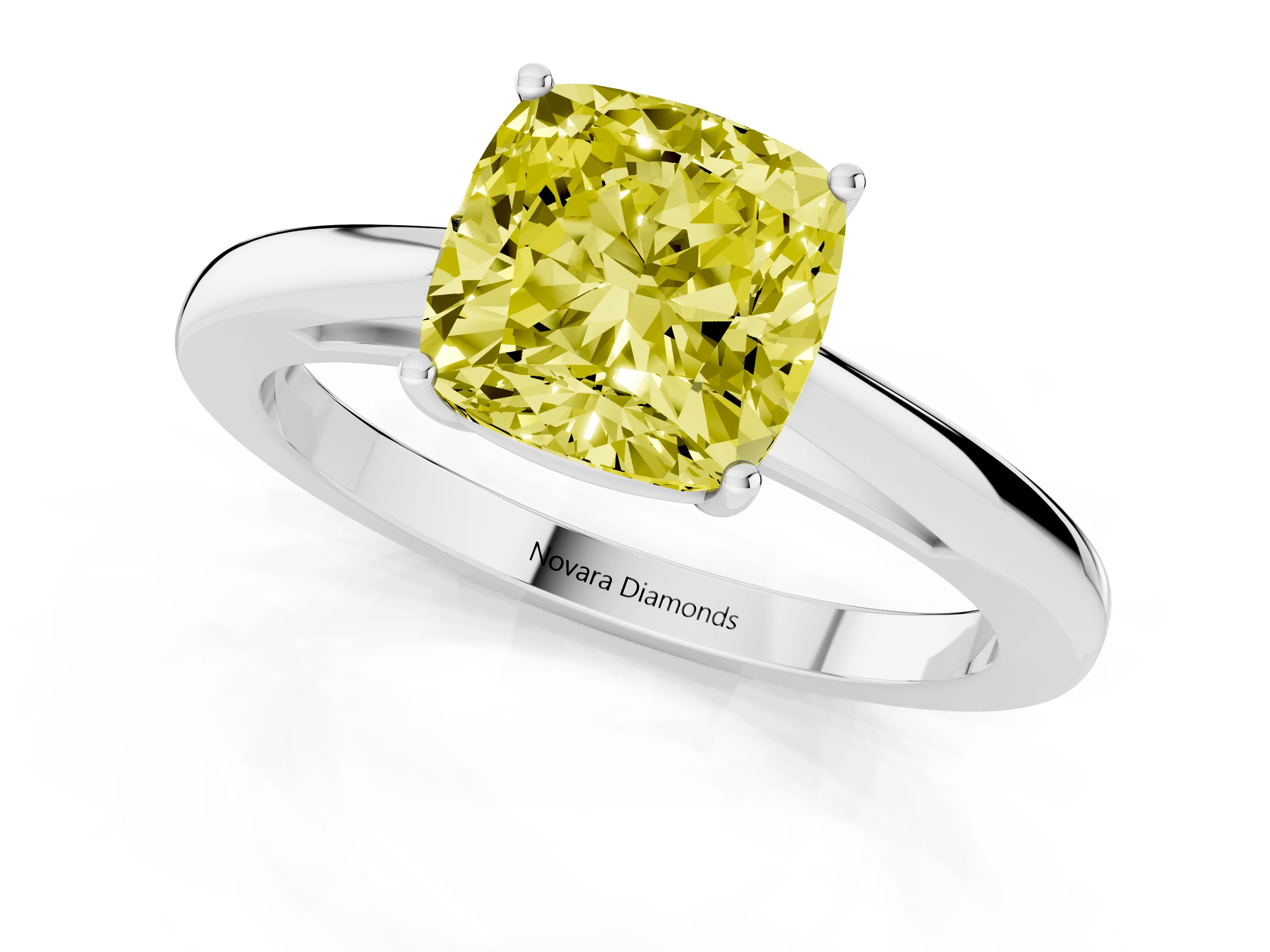 Fancy Yellow Cushion Cut Diamond Solitaire Ring Set in Silver with Split Shank and Prong Setting