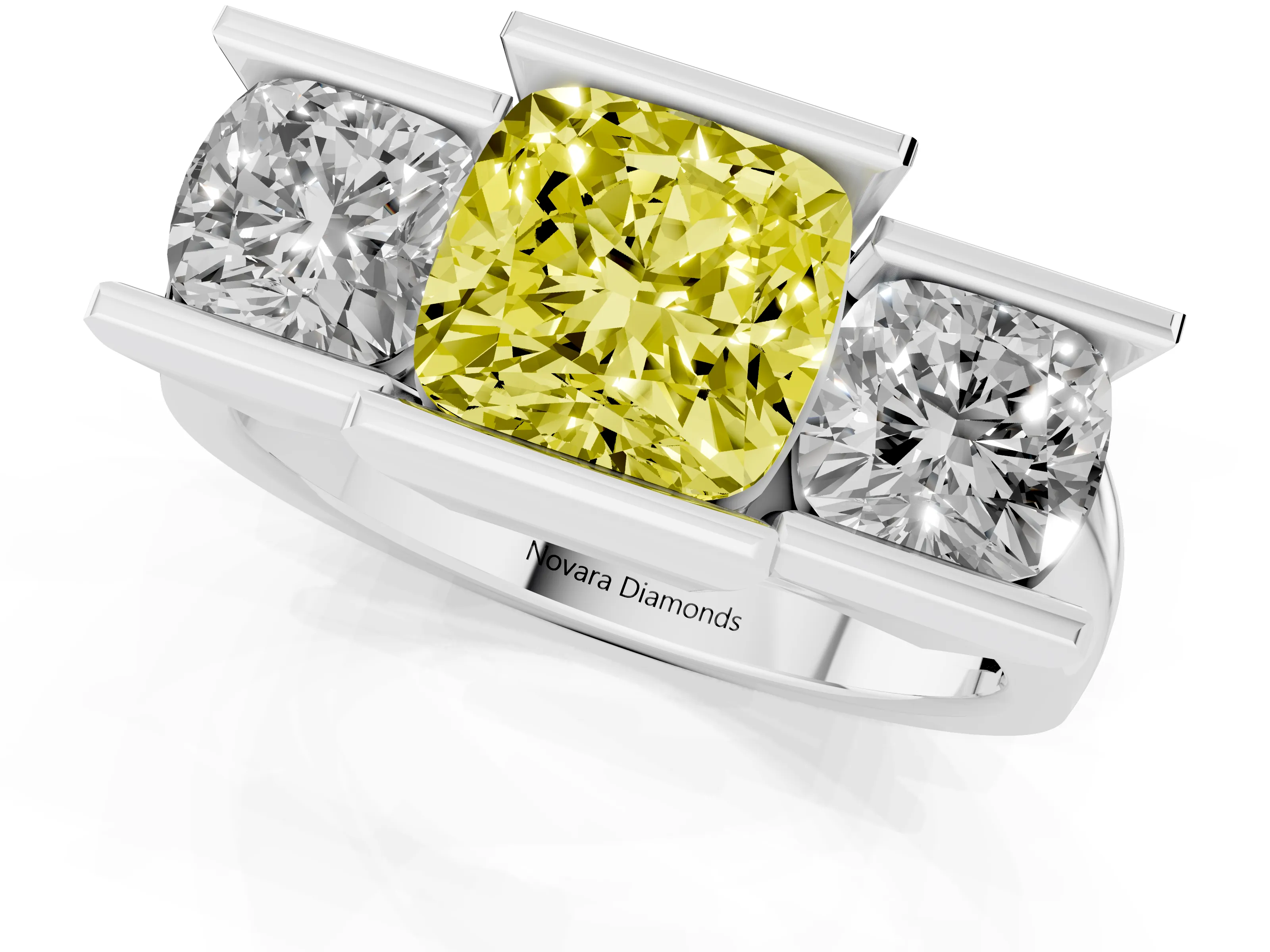 Fancy Yellow Cushion Cut Diamond Three-Stone Channel Set Ring Set in Platinum with Smooth Polished Band