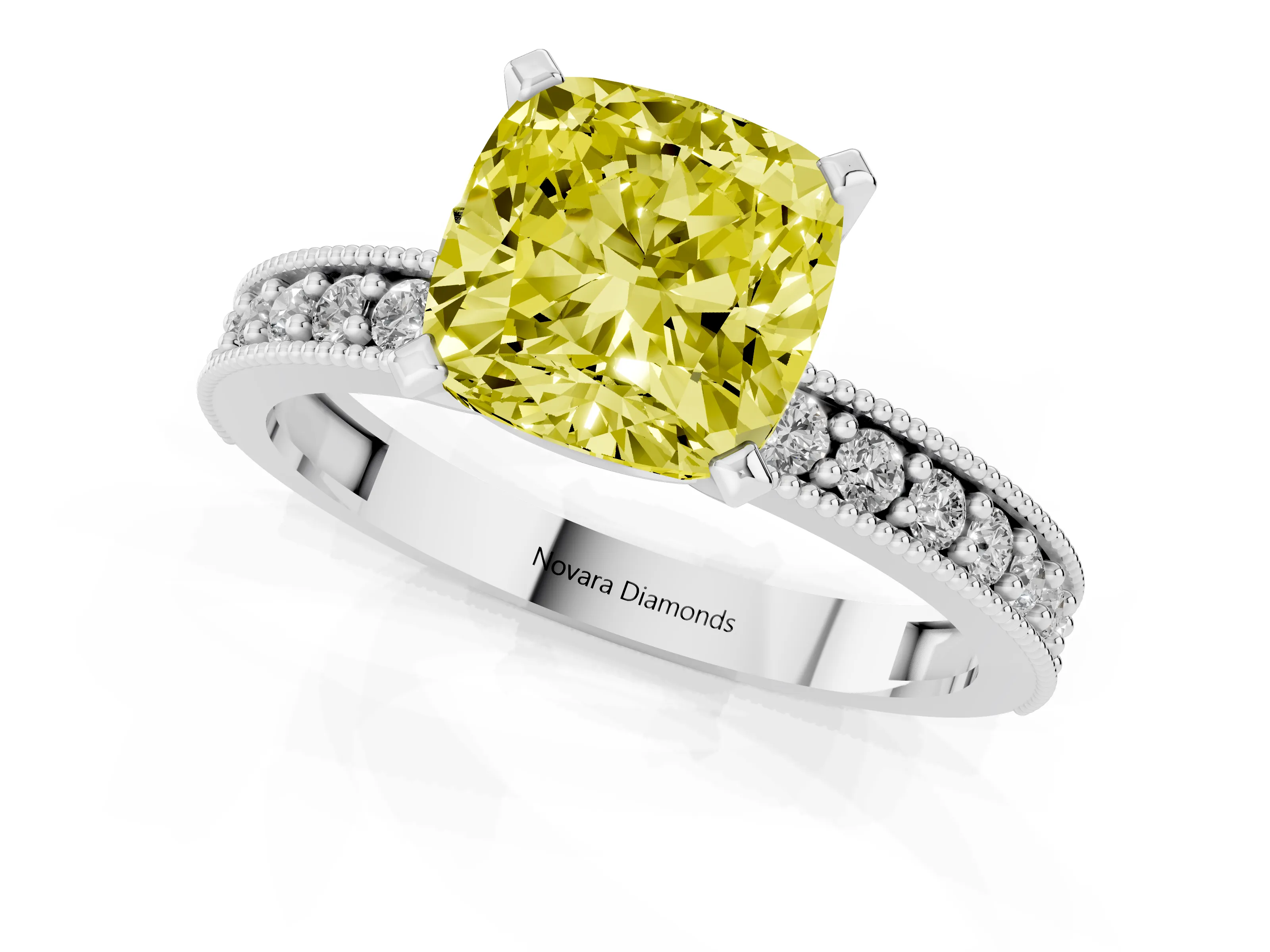 Fancy Yellow Cushion Cut Diamond Milgrain Pavé Engagement Ring Set in White gold with Prong Setting – second view