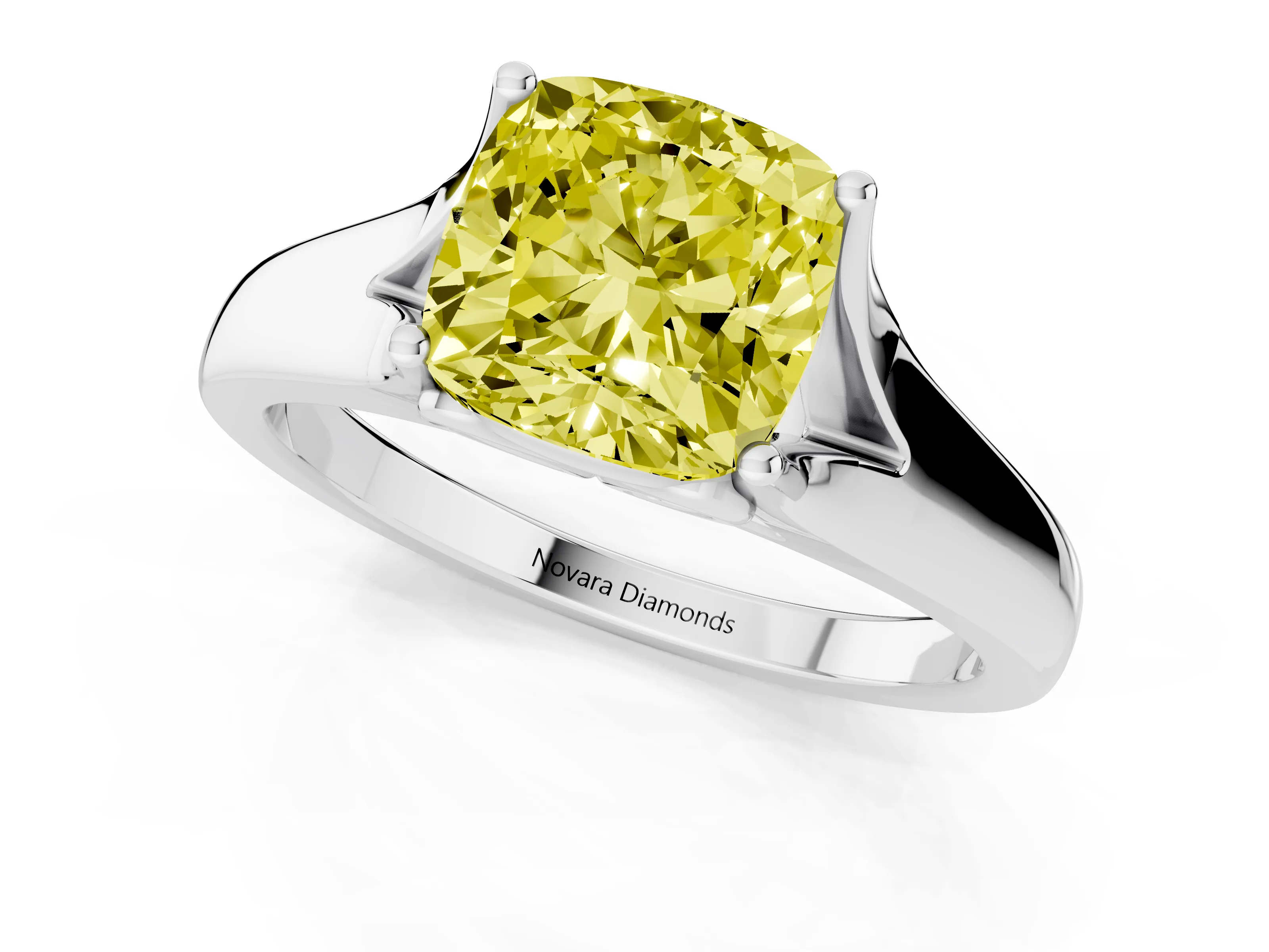 Fancy Yellow Cushion Cut Diamond Solitaire Ring Set in White gold with Arched Cathedral Band and Prong Setting