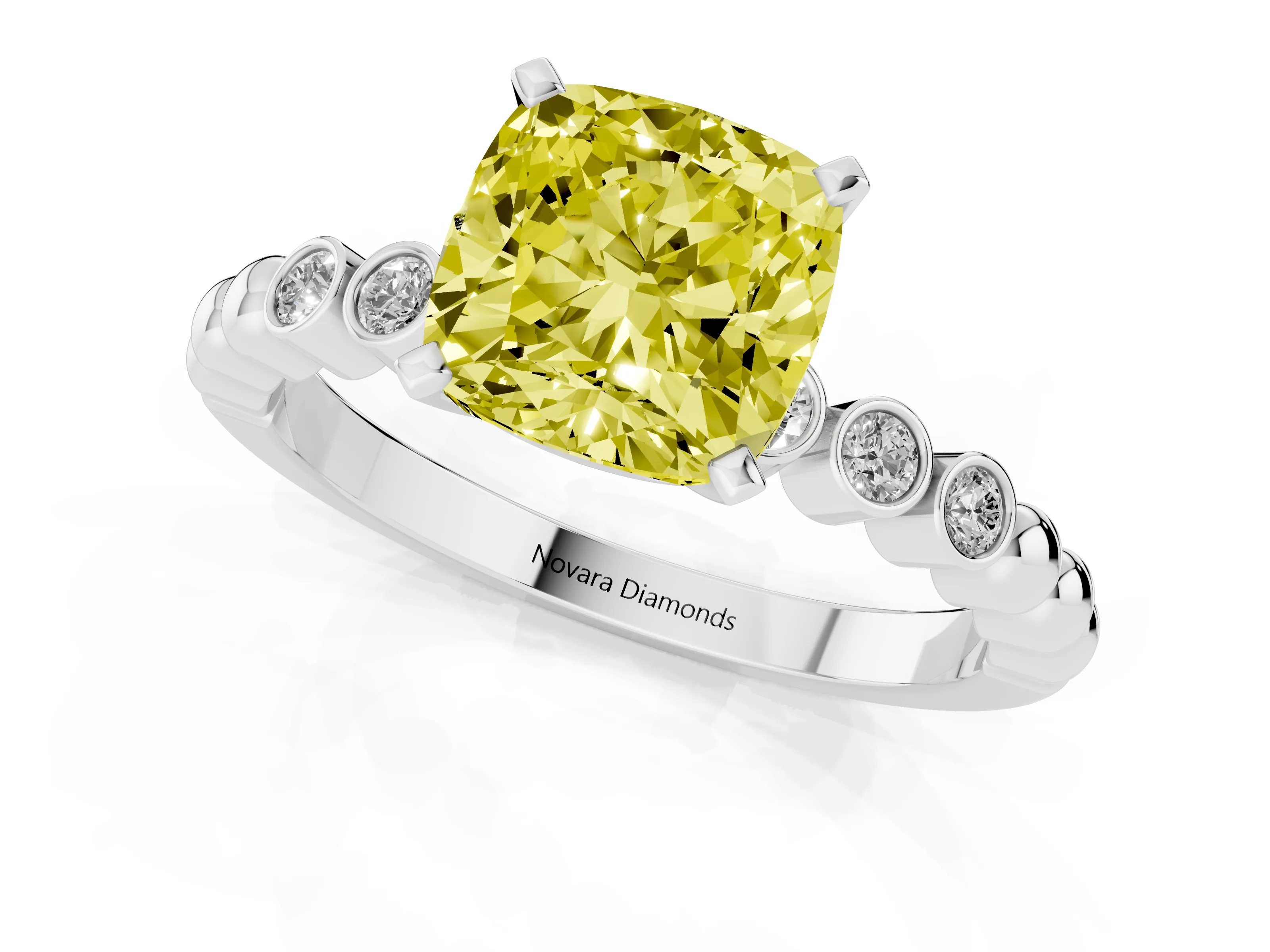 Fancy Yellow Cushion Cut Diamond Solitaire Engagement Ring Set in Silver with Bezel Accents on Beaded Band