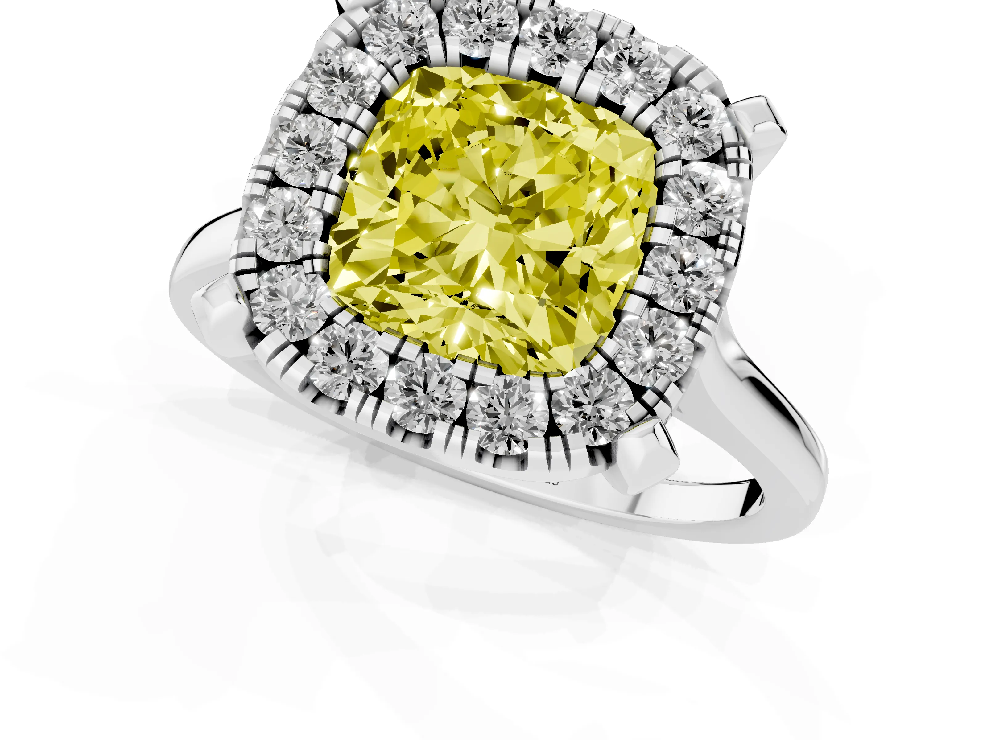Fancy Yellow Cushion Cut Diamond Cluster Halo Solitaire Ring Set in Silver with Prong Setting
