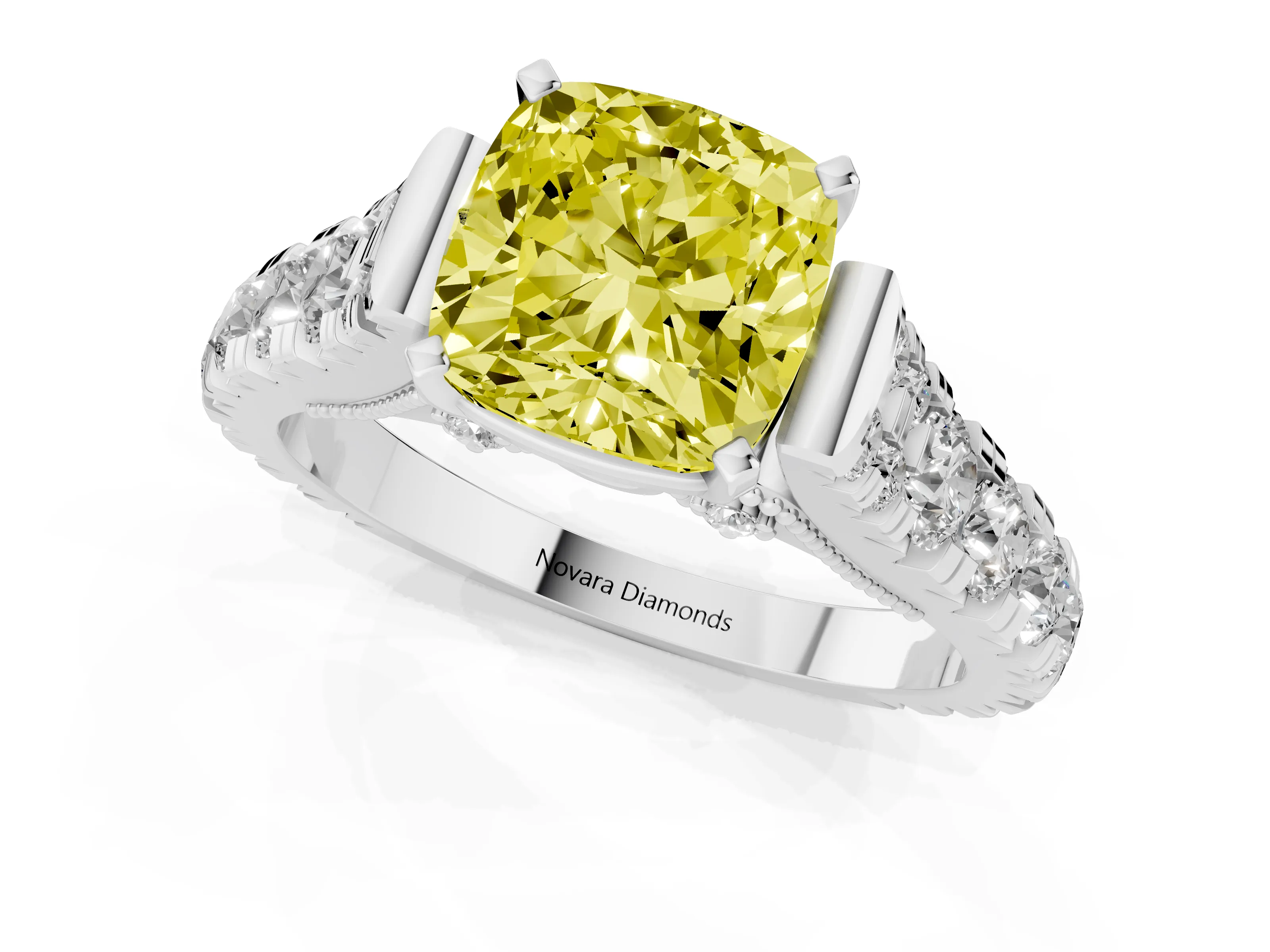 Fancy Yellow Cushion Cut Diamond Classic Solitaire Ring Set in White gold with Pavé Band and Prong Setting