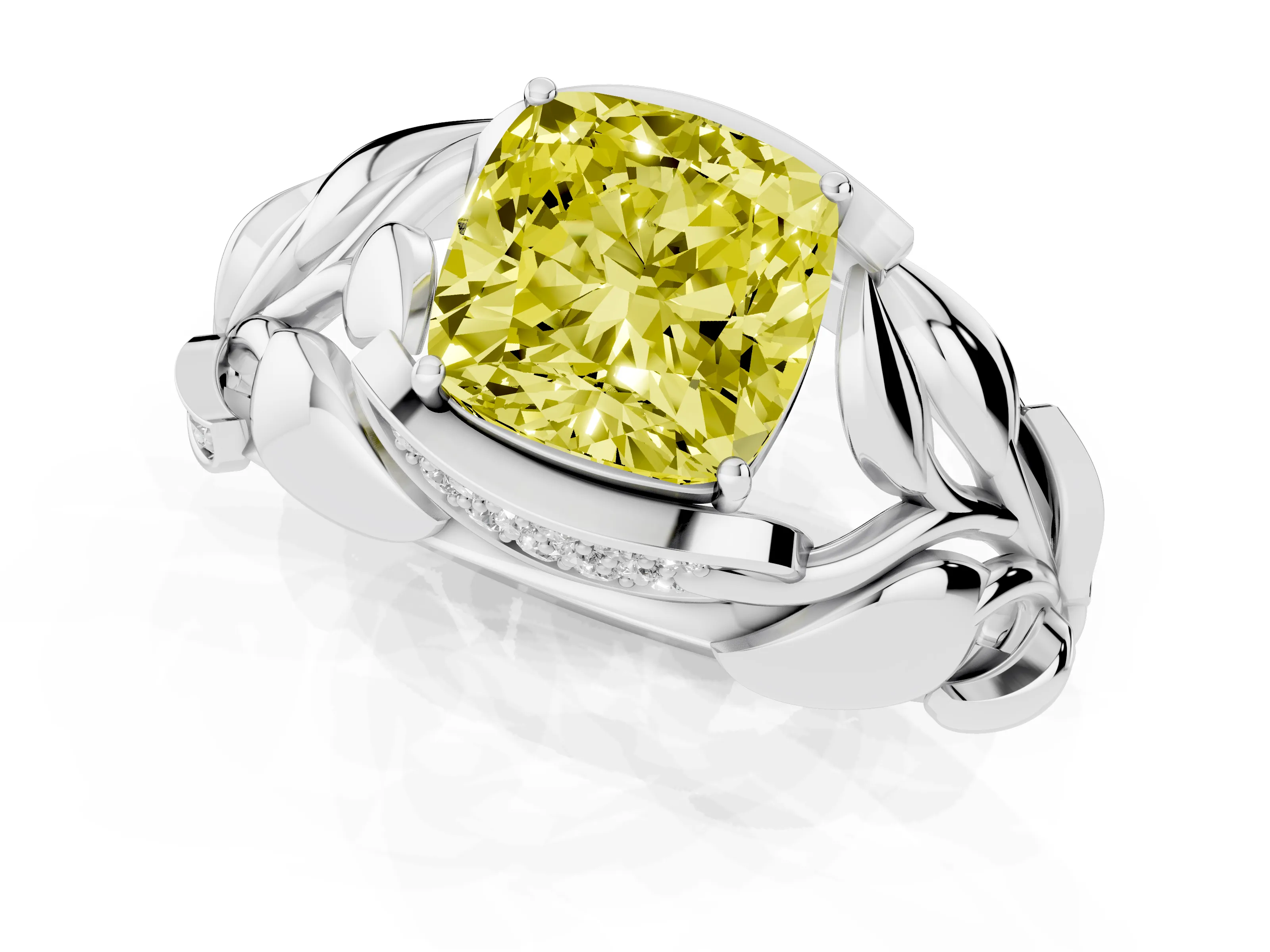 Fancy Yellow Cushion Cut Diamond Leaf-Inspired Engagement Ring Set in White gold with Round Accents