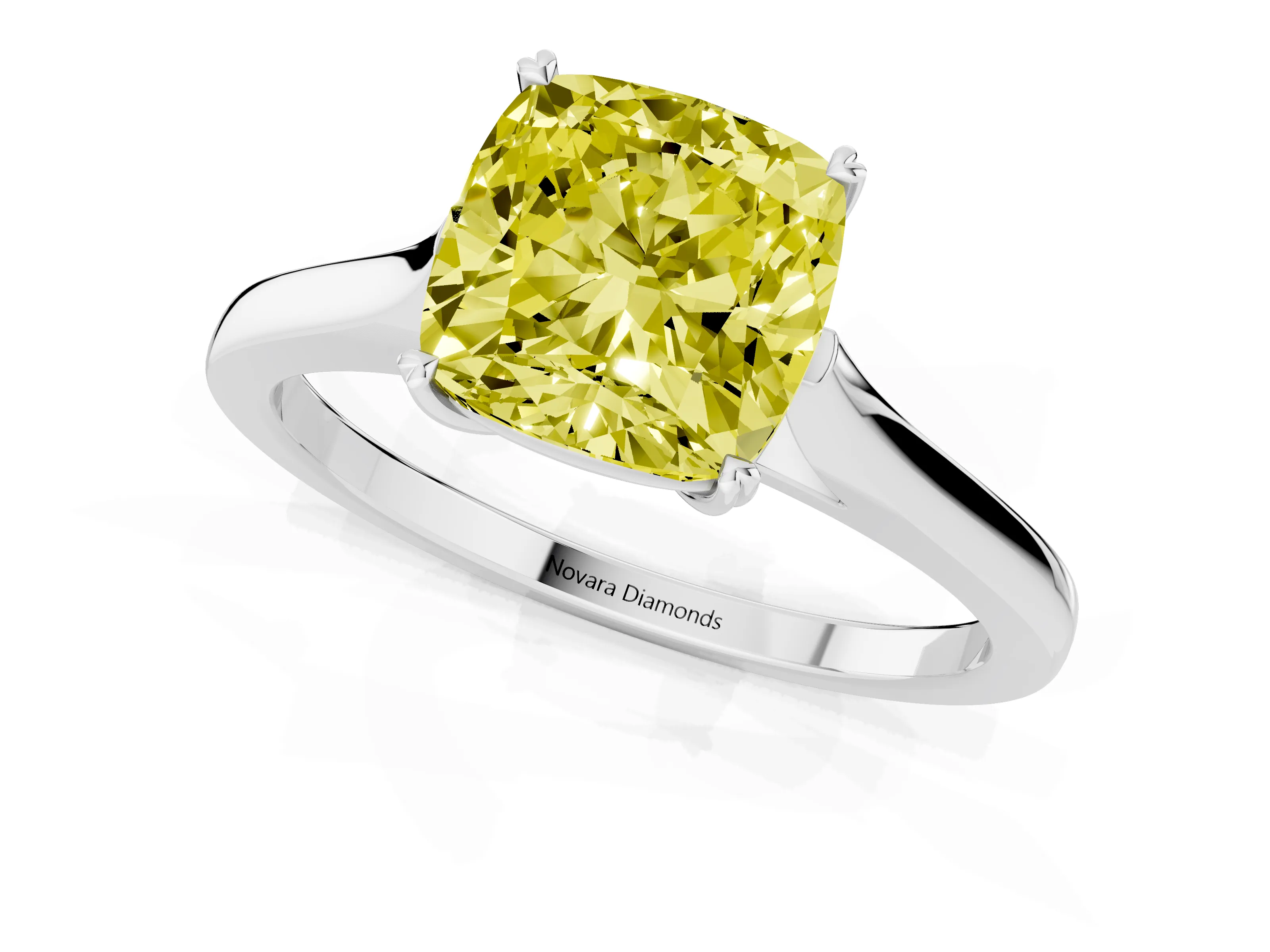 Fancy Yellow Cushion Cut Diamond Solitaire Heart Prong Engagement Ring Set in White gold with Tapered Band