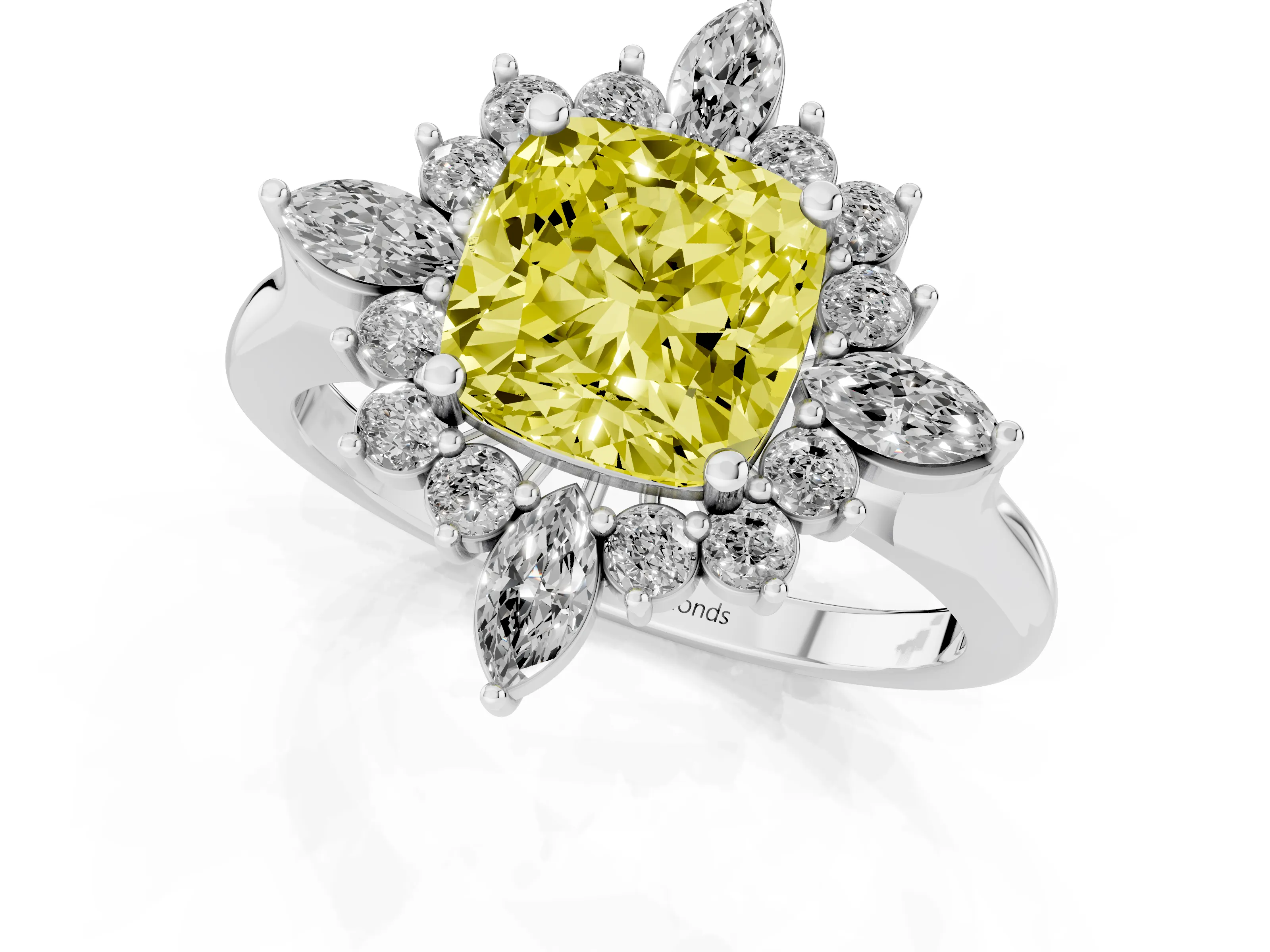 Fancy Yellow Cushion Cut Diamond Cluster Halo Ring Set in Silver with Marquise and Round Accents