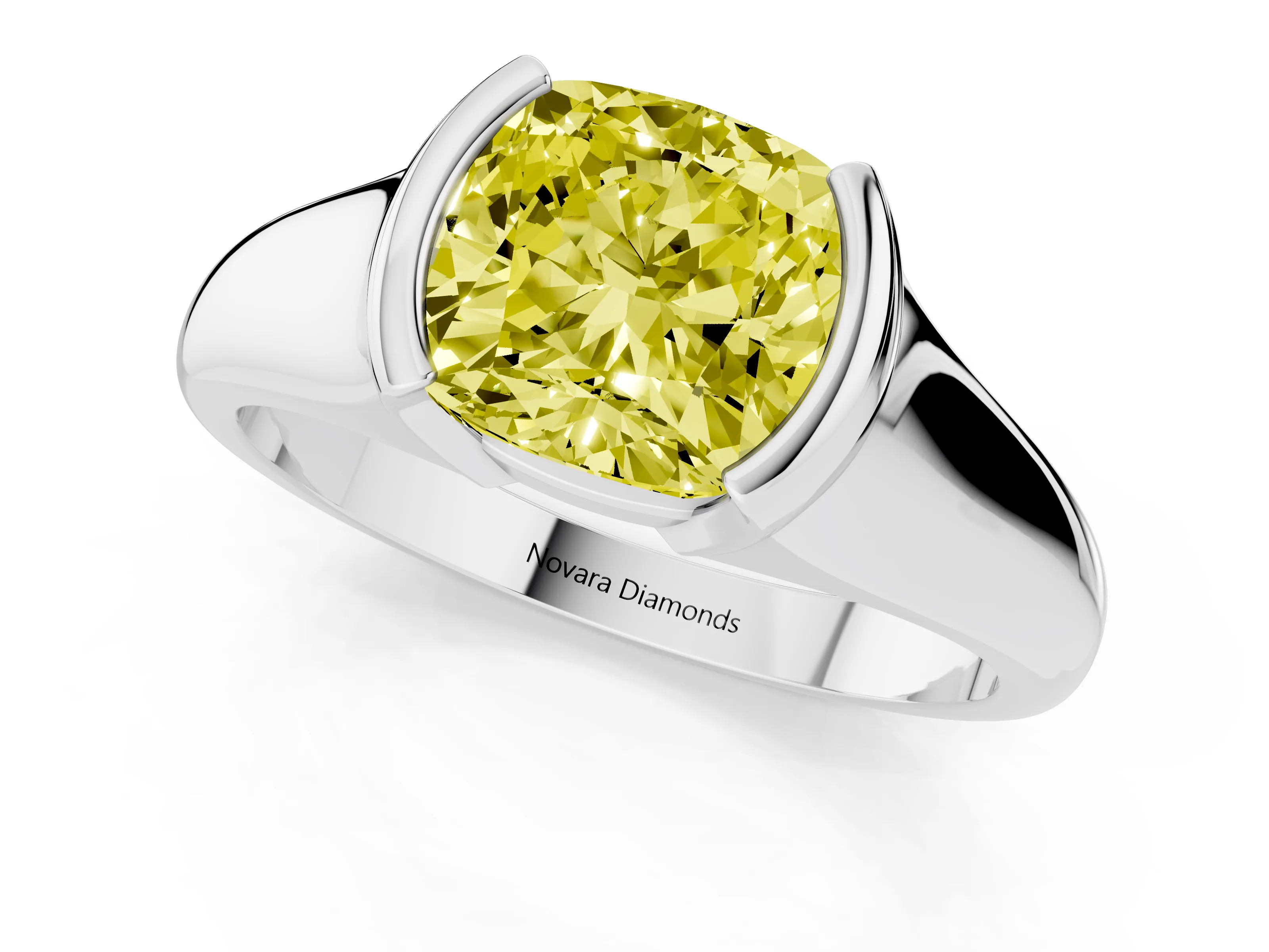 Fancy Yellow Cushion Cut Diamond Solitaire Tension Set Ring Set in Silver with Split Shank Band