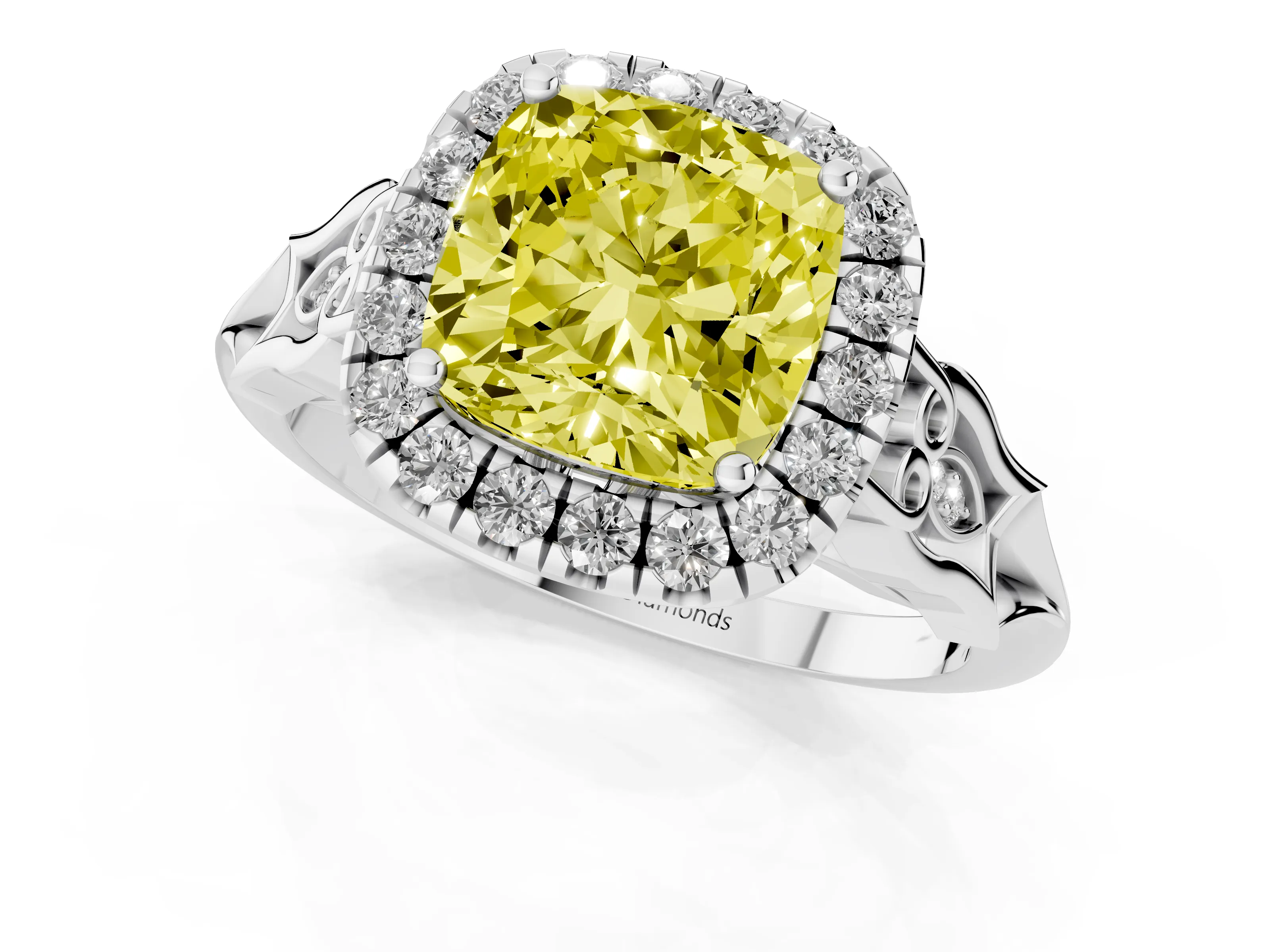 Fancy Yellow Cushion Cut Diamond Halo Engagement Ring Set in Platinum with Filigree Band and Prong-Set Center