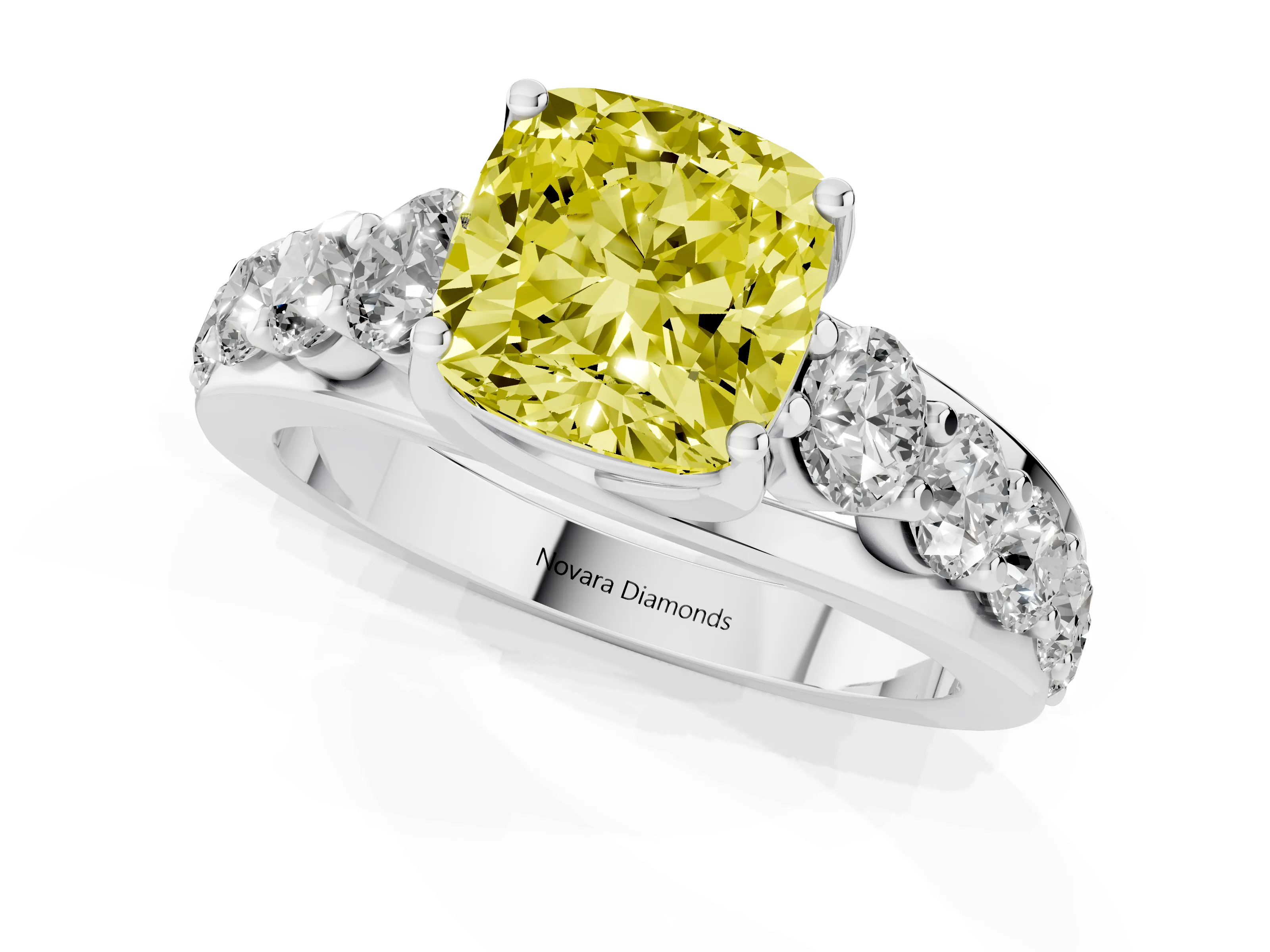 Fancy Yellow Cushion Cut Diamond Pavé Engagement Ring Set in Silver with Prong Setting