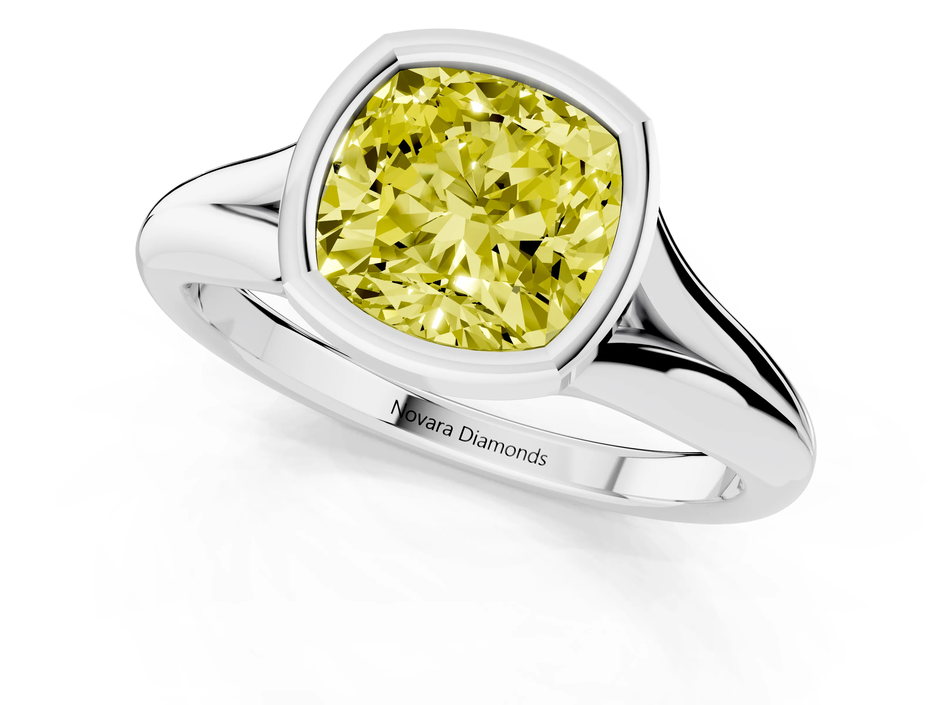 Fancy Yellow Bezel Set Cushion Cut Diamond Solitaire Ring Set in Silver with Smooth Band