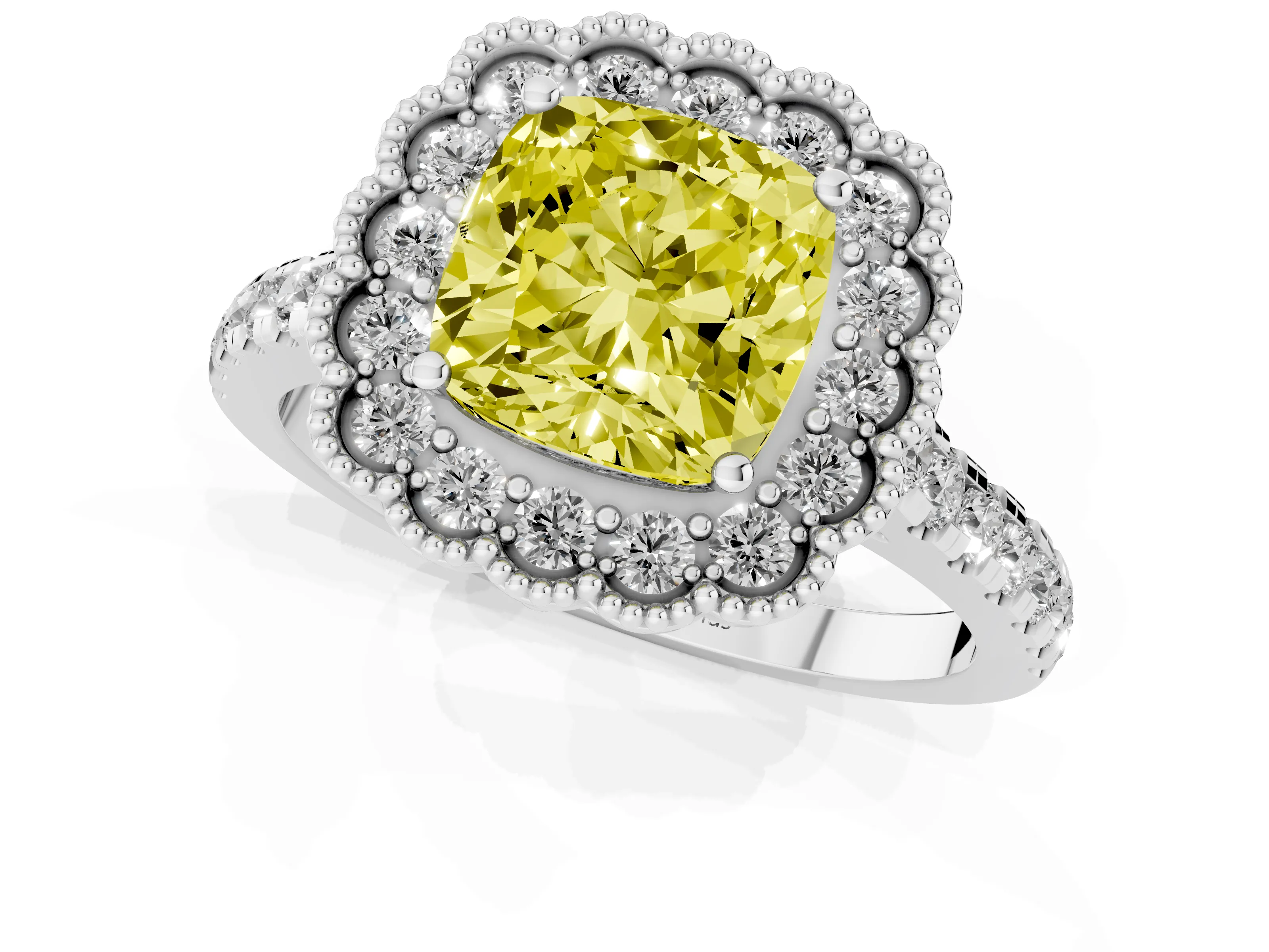 Fancy Yellow Cushion Cut Diamond Milgrain Floral Halo Engagement Ring Set in White gold with Pavé Band