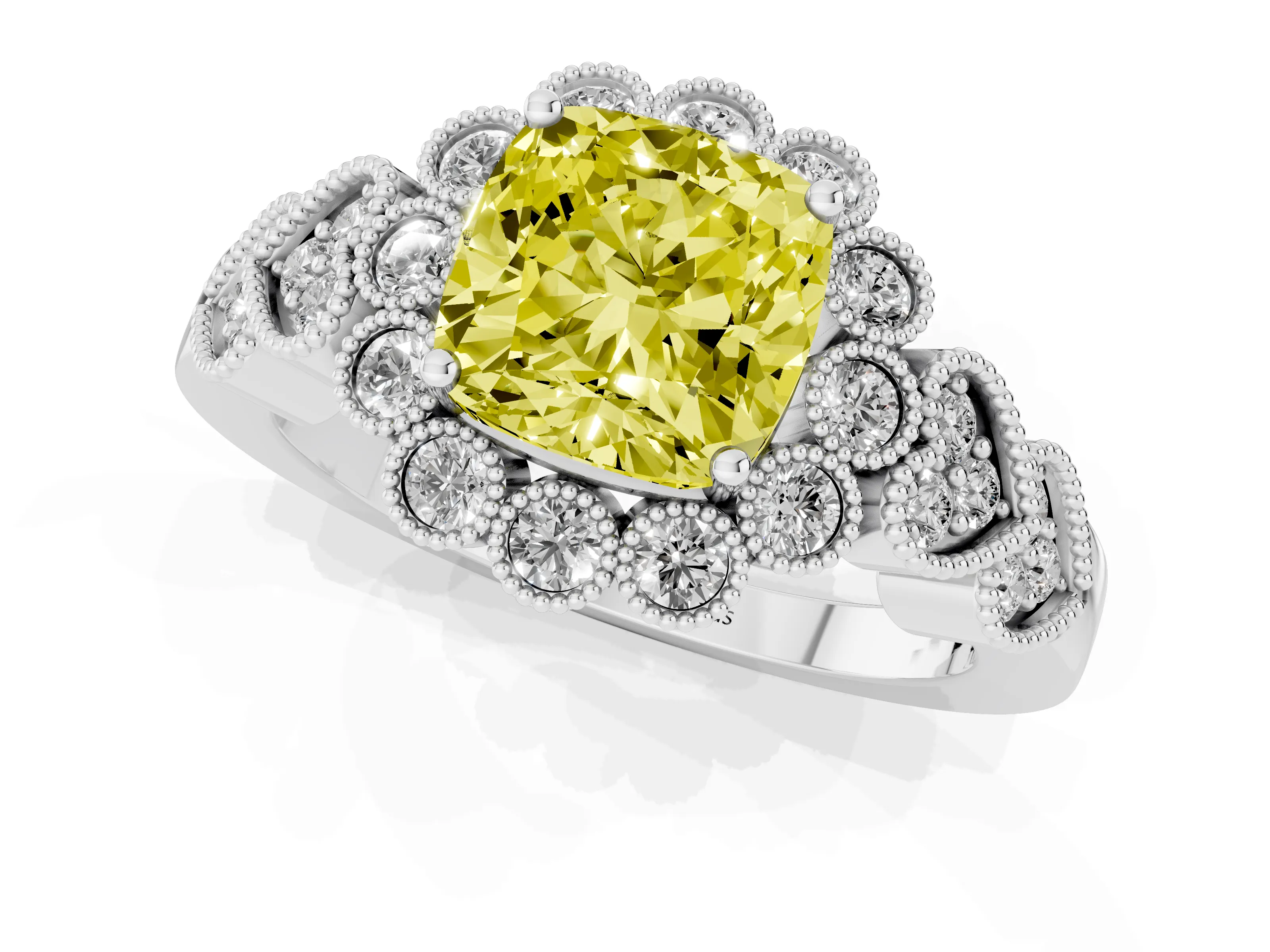 Fancy Yellow Cushion Cut Diamond Solitaire Ring Set in Platinum with Milgrain Pavé Heart Band