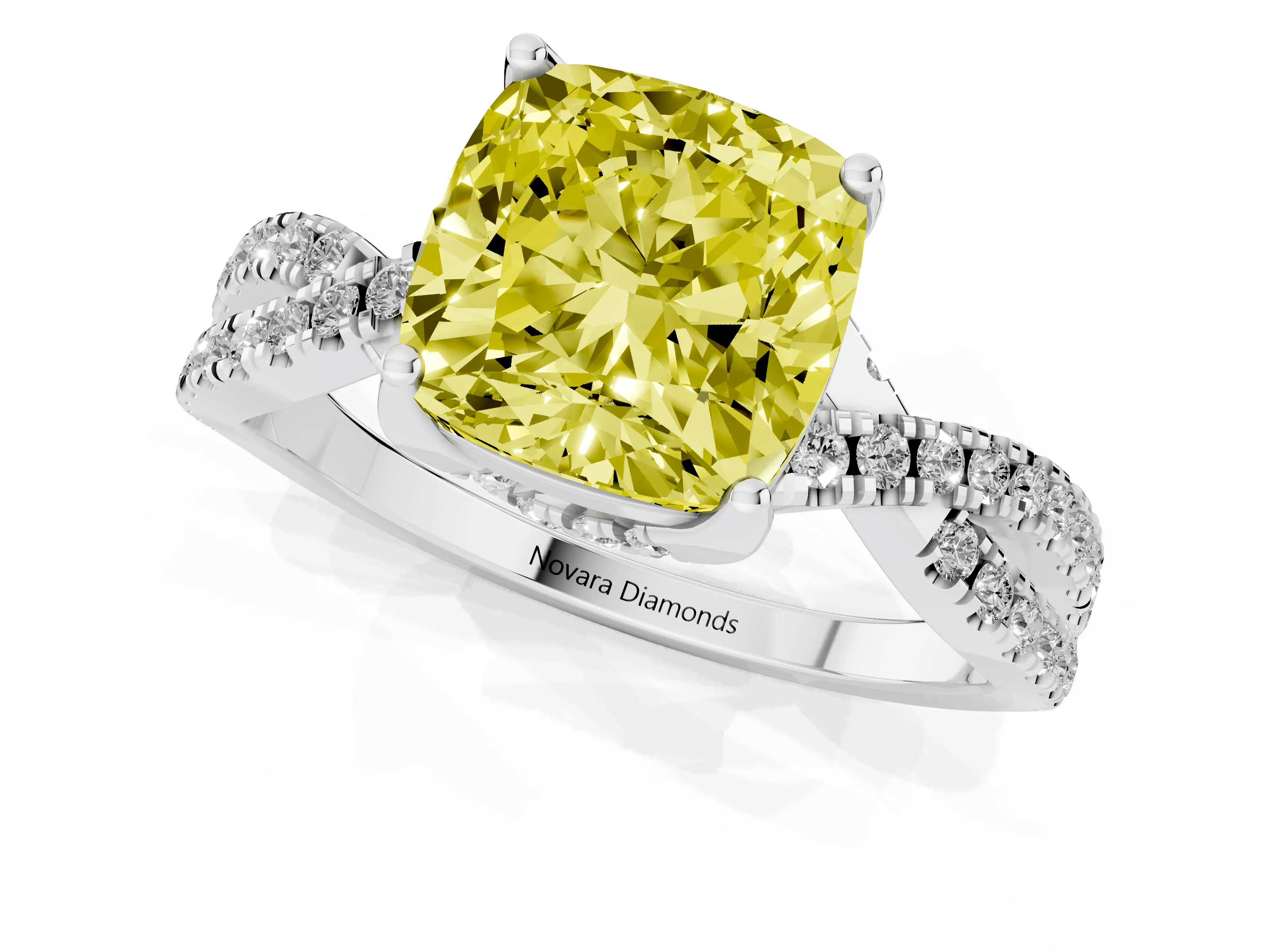 Fancy Yellow Cushion Cut Diamond Twist Pavé Solitaire Engagement Ring Set in White gold with Prong Setting