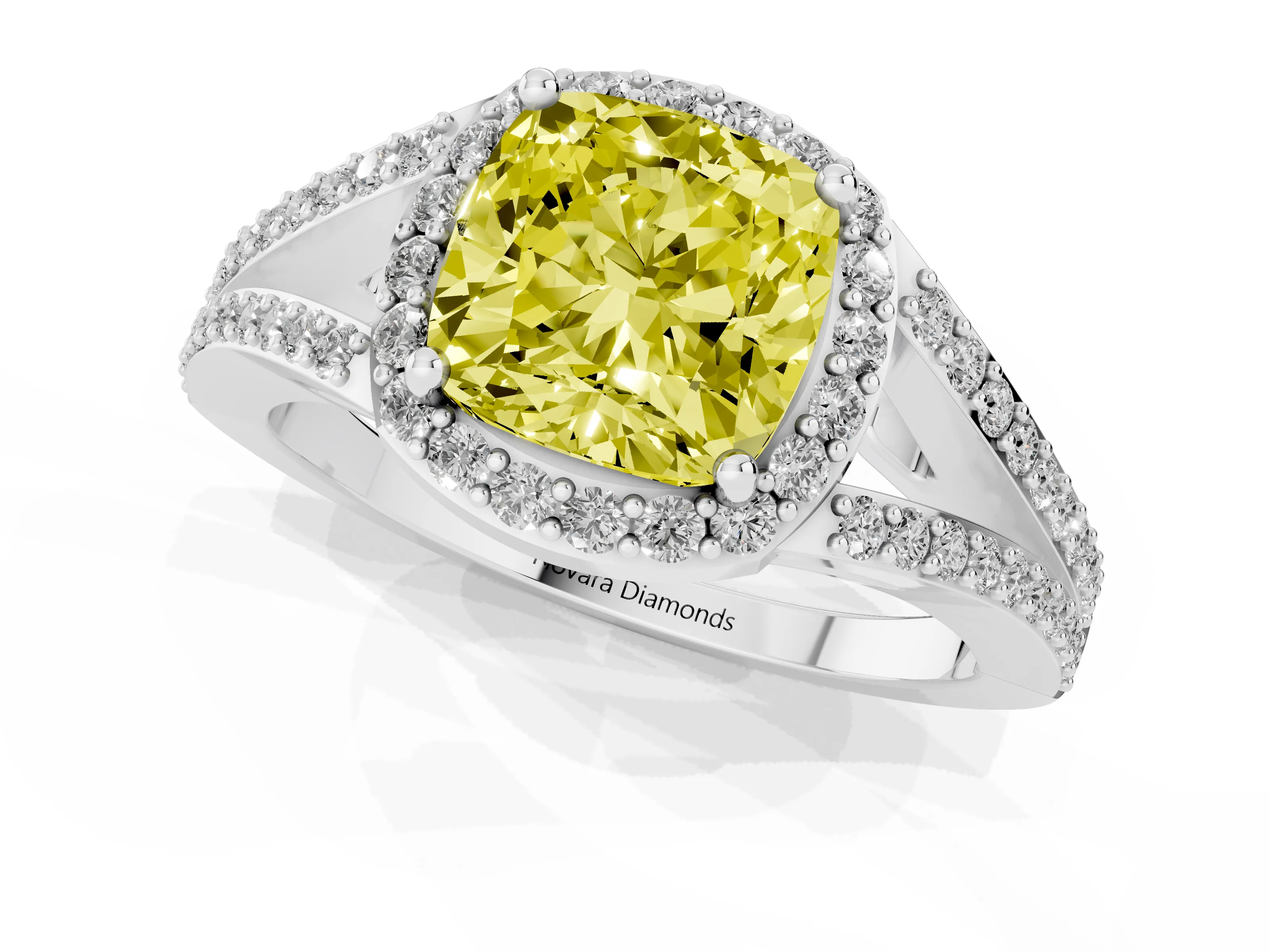 Fancy Yellow Cushion Cut Diamond Halo Split Shank Ring Set in Silver with Accent Stones and Prong Setting